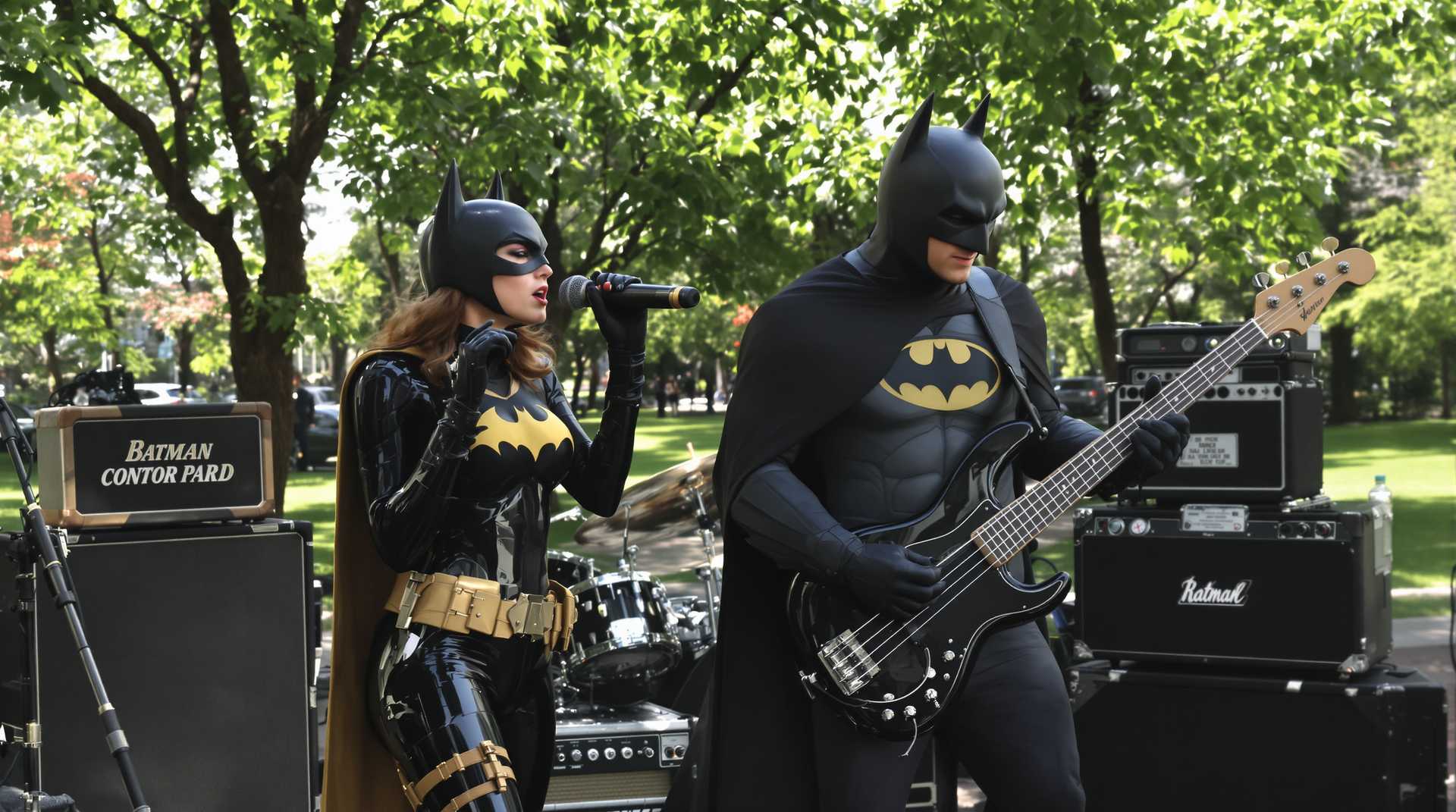 batgirl holds a mic and sings,and batman plays a bass guitar in a park.Amps and other equipment in the background.