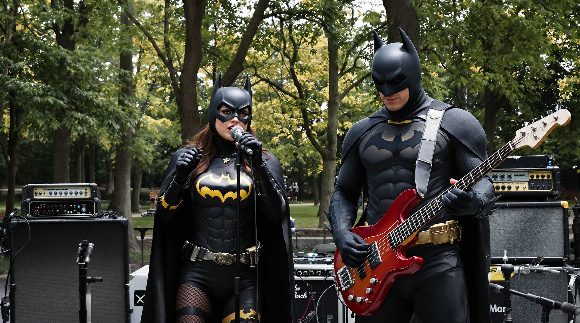 batgirl holds a mic and sings,and batman plays a bass guitar in a park.Amps and other equipment in the background.