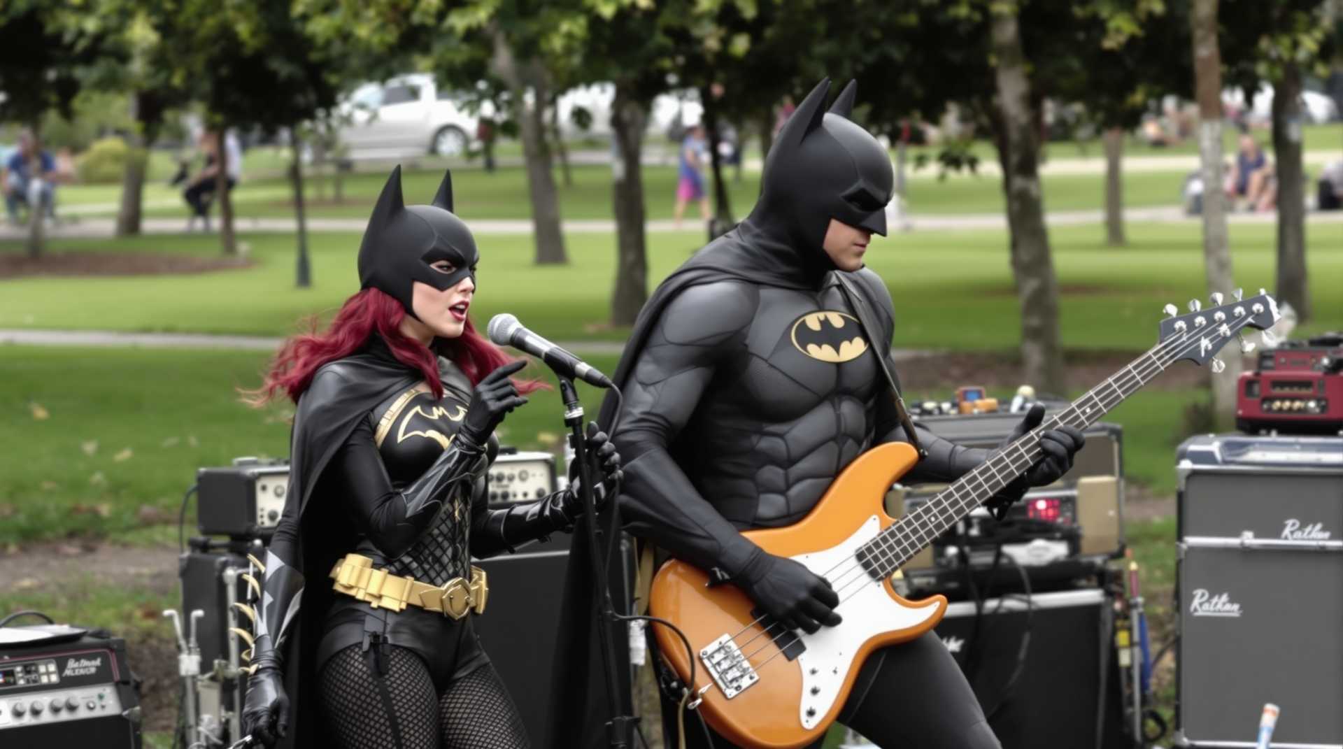 batgirl holds a mic and sings,and batman plays a bass guitar in a park.Amps and other equipment in the background.