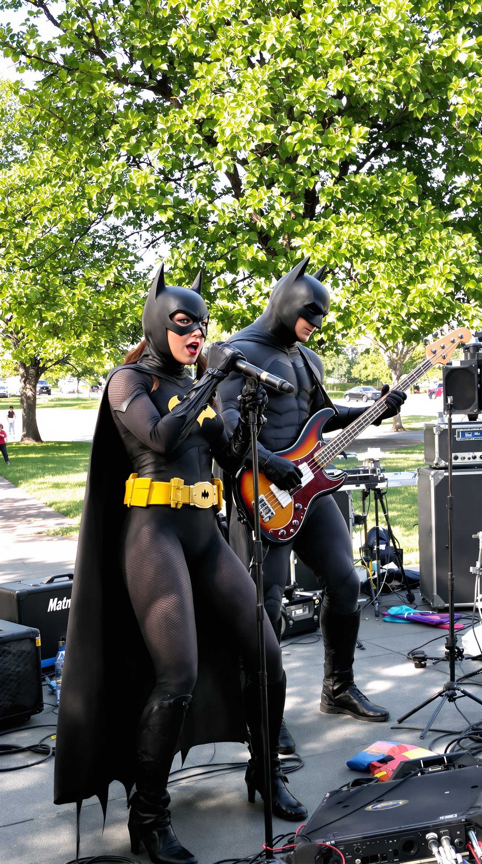 batgirl holds a mic and sings,and batman plays a bass guitar in a park.Amps and other equipment in the background.