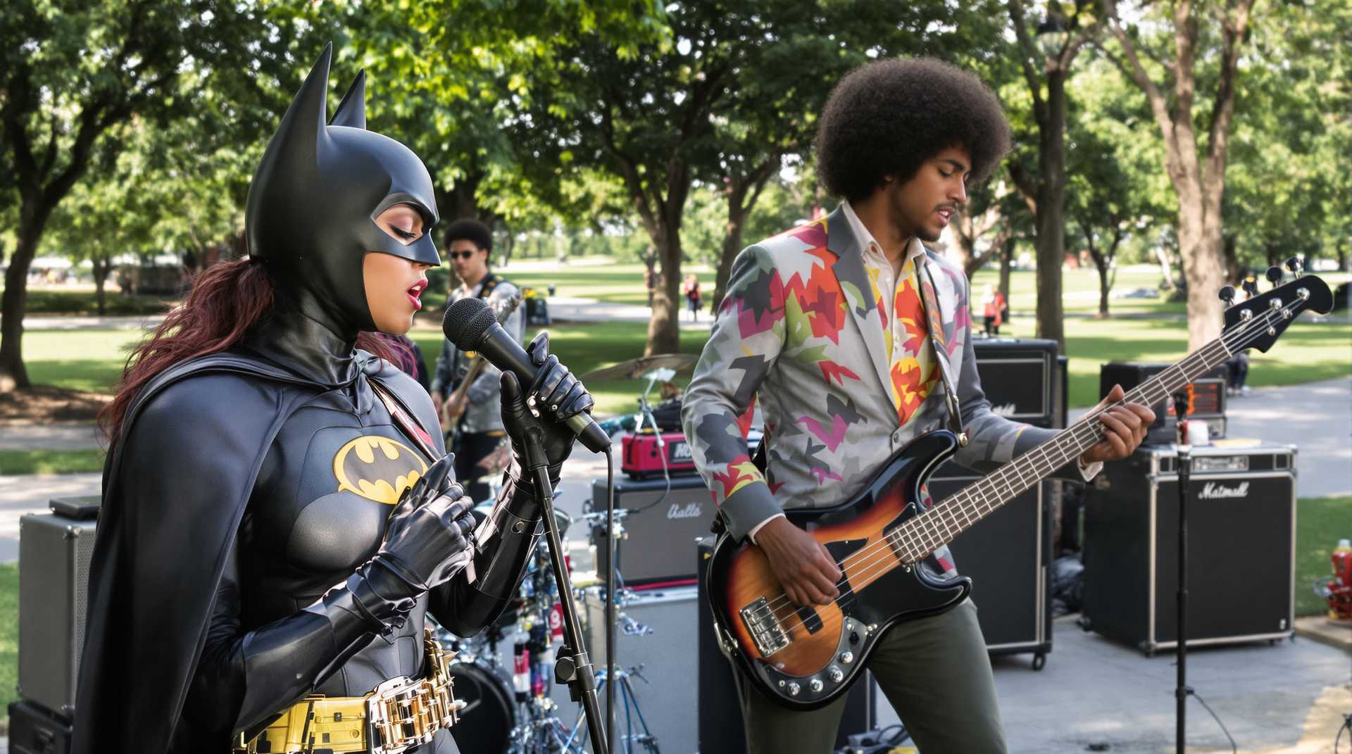 batgirl holds a mic and sings,and batman plays a electric guitar and Stanley Clark with his 1970's Afro plays the bass guitar, in a park.Amps and other equipment in the background.