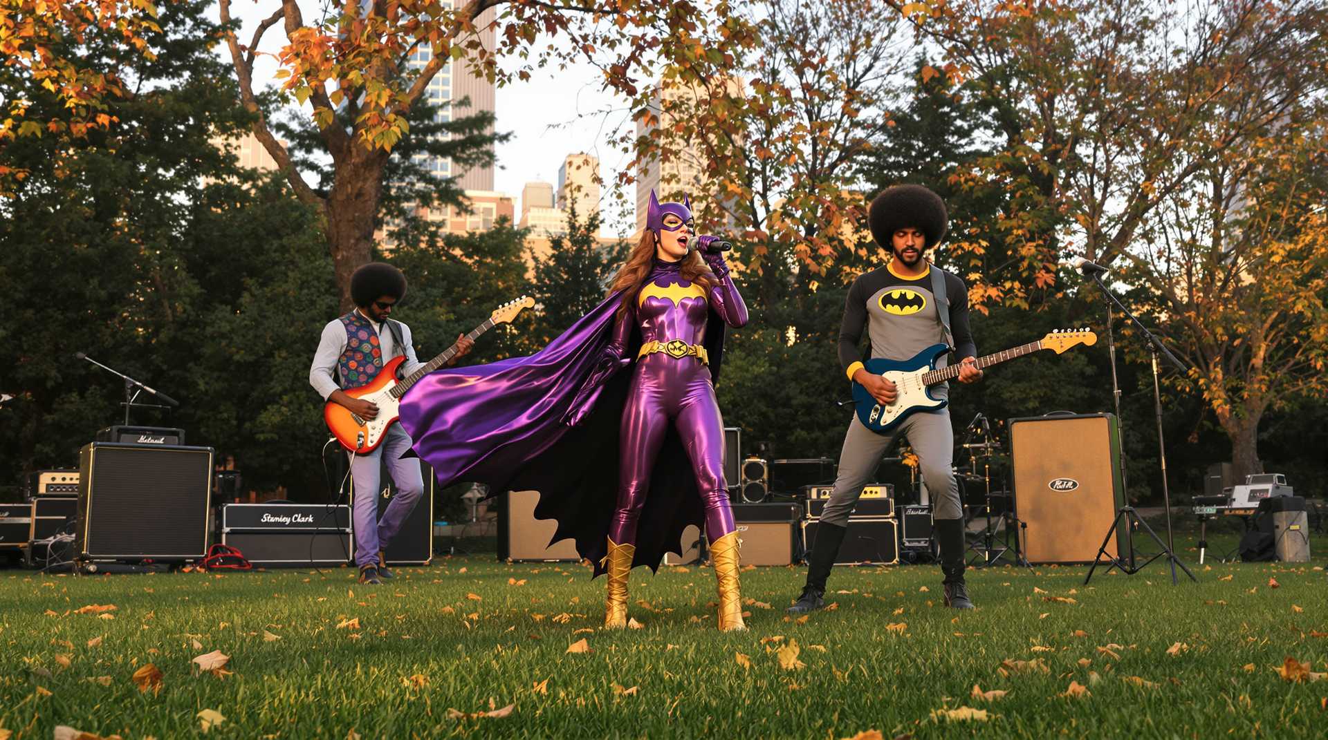 In a vibrant urban park setting, with the city skyline visible in the distance, the scene captures Batgirl standing at center stage, holding a microphone passionately as she sings. She is dressed in her iconic suit, with vibrant hues of purple and gold catching the glint of the late afternoon sun. To her right, Batman rocks out on an electric guitar, his cape flowing dramatically as a spotlight emphasizes his formidable presence. On the left, in retro attire, Stanley Clark, sporting a full and distinctive 1970's afro, skillfully handles a bass guitar. The lawn is dotted with scattered leaves, subtly illuminated by the golden hour sun casting long, warm shadows. Behind them, classic amps and equipment create a detailed backdrop of a dynamic, impromptu outdoor concert. The atmosphere is lively and energetic, with a sense of harmony and camaraderie amongst the trio, set against the backdrop of a perfect early evening sky, with a gentle, refreshing breeze in the air. The artistic style is inspired by 1970s rock concert photography, focusing on the raw energy and vibrant details of the era.