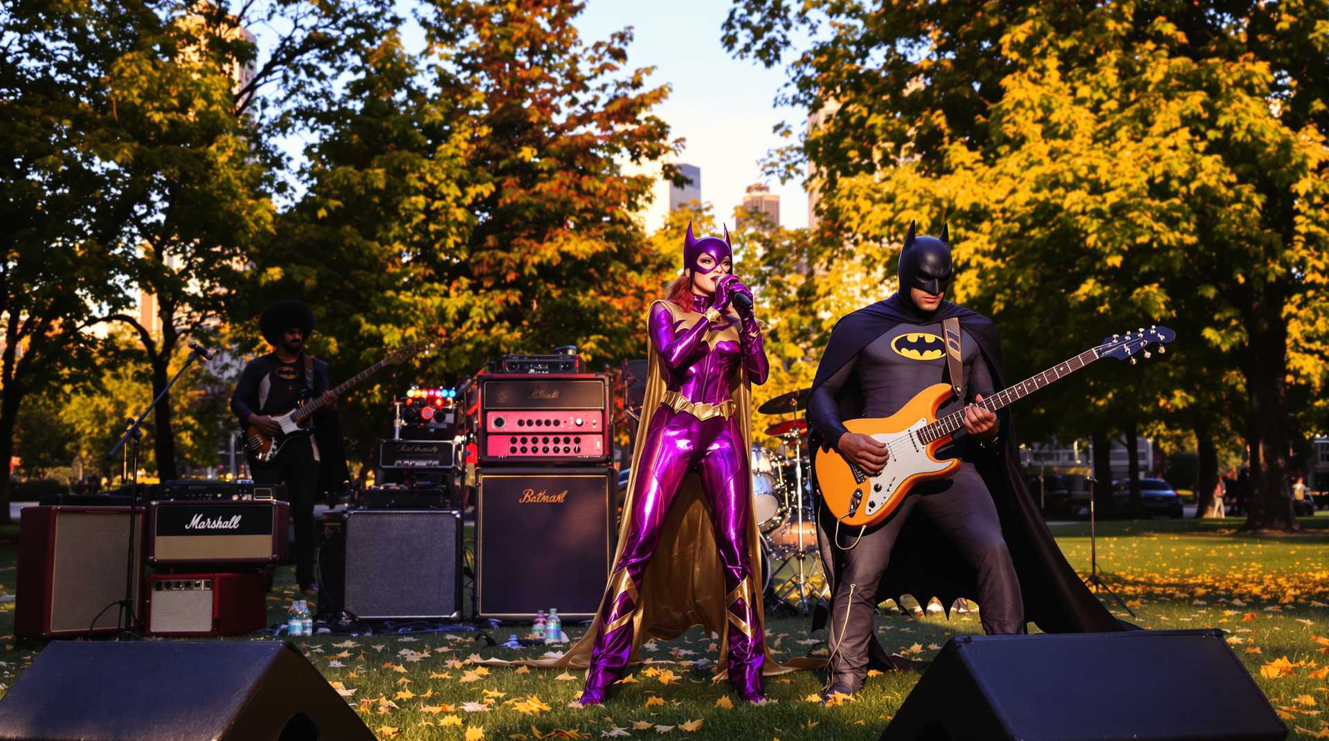 In a vibrant urban park setting, with the city skyline visible in the distance, the scene captures Batgirl standing at center stage, holding a microphone passionately as she sings. She is dressed in her iconic suit, with vibrant hues of purple and gold catching the glint of the late afternoon sun. To her right, Batman rocks out on an electric guitar, his cape flowing dramatically as a spotlight emphasizes his formidable presence. On the left, in retro attire, Stanley Clark, sporting a full and distinctive 1970's afro, skillfully handles a bass guitar. The lawn is dotted with scattered leaves, subtly illuminated by the golden hour sun casting long, warm shadows. Behind them, classic amps and equipment create a detailed backdrop of a dynamic, impromptu outdoor concert. The atmosphere is lively and energetic, with a sense of harmony and camaraderie amongst the trio, set against the backdrop of a perfect early evening sky, with a gentle, refreshing breeze in the air. The artistic style is inspired by 1970s rock concert photography, focusing on the raw energy and vibrant details of the era.