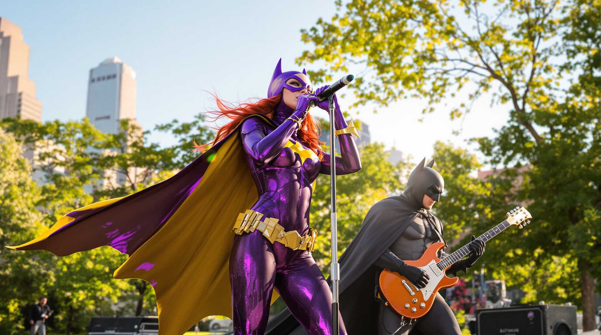 In a vibrant urban park setting, with the city skyline visible in the distance, the scene captures Batgirl standing at center stage, holding a microphone passionately as she sings. She is dressed in her iconic suit, with vibrant hues of purple and gold catching the glint of the late afternoon sun. To her right, Batman rocks out on an electric guitar, his cape flowing dramatically as a spotlight emphasizes his formidable presence.
