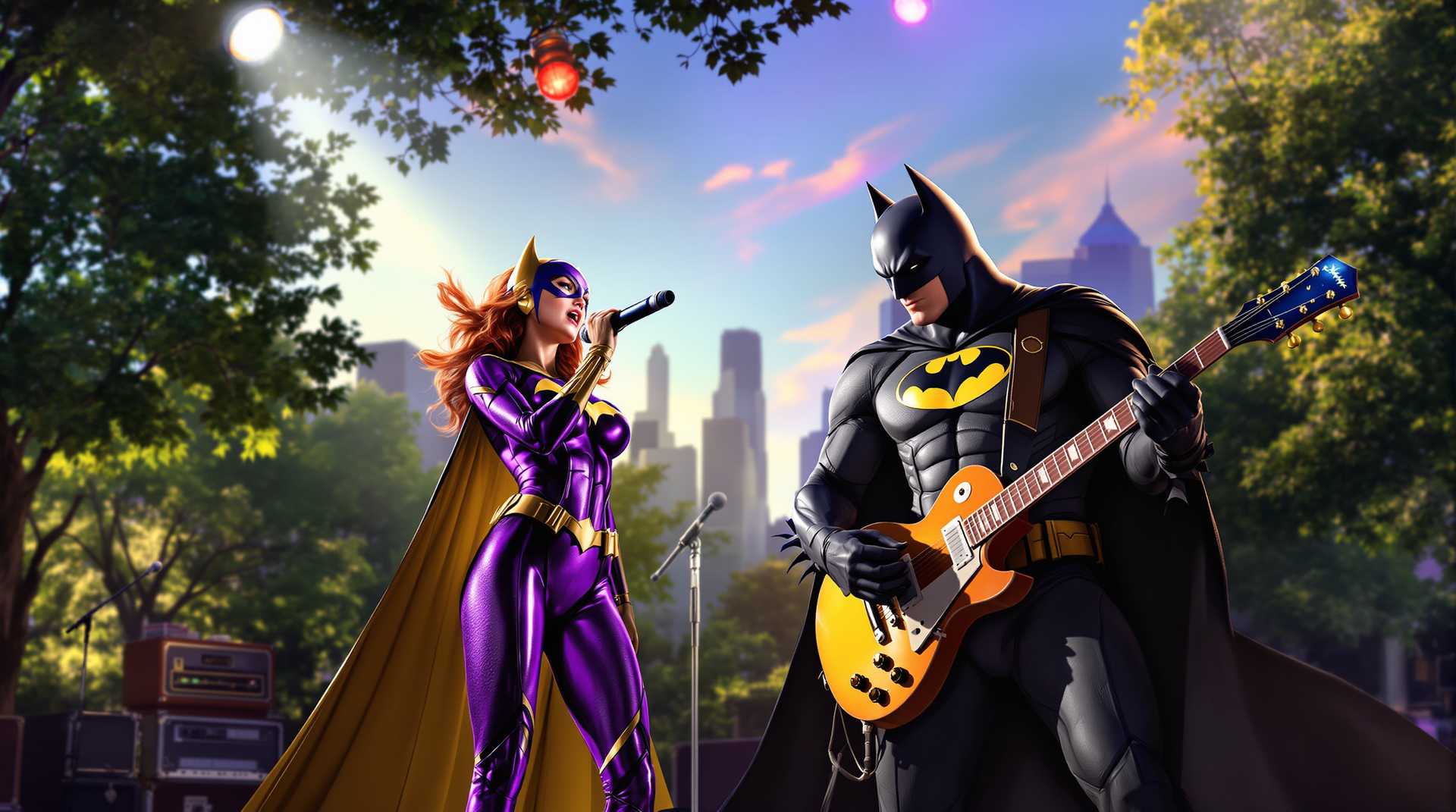 In a vibrant urban park setting, with the city skyline visible in the distance, the scene captures Batgirl standing at center stage, holding a microphone passionately as she sings. She is dressed in her iconic suit, with vibrant hues of purple and gold catching the glint of the late afternoon sun. To her right, Batman rocks out on an electric guitar, his cape flowing dramatically as a spotlight emphasizes his formidable presence.