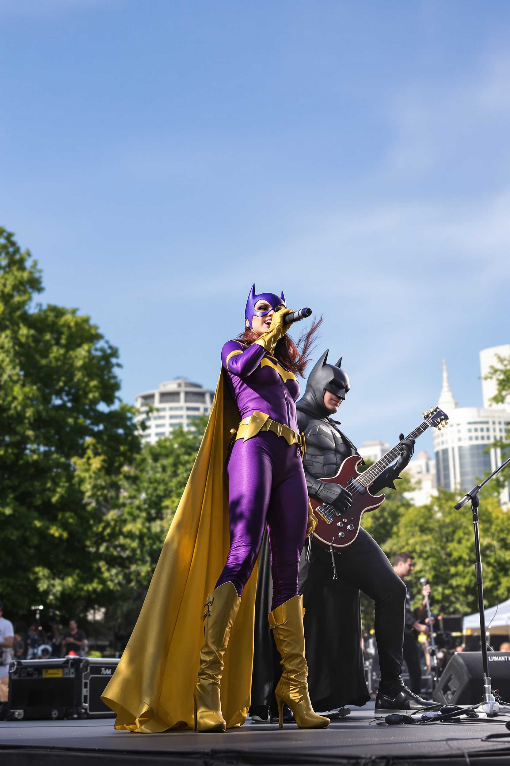 In a vibrant urban park setting, with the city skyline visible in the distance, the scene captures Batgirl standing at center stage, holding a microphone passionately as she sings. She is dressed in her iconic suit, with vibrant hues of purple and gold catching the glint of the late afternoon sun. To her right, Batman rocks out on an electric guitar, his cape flowing dramatically as a spotlight emphasizes his formidable presence.