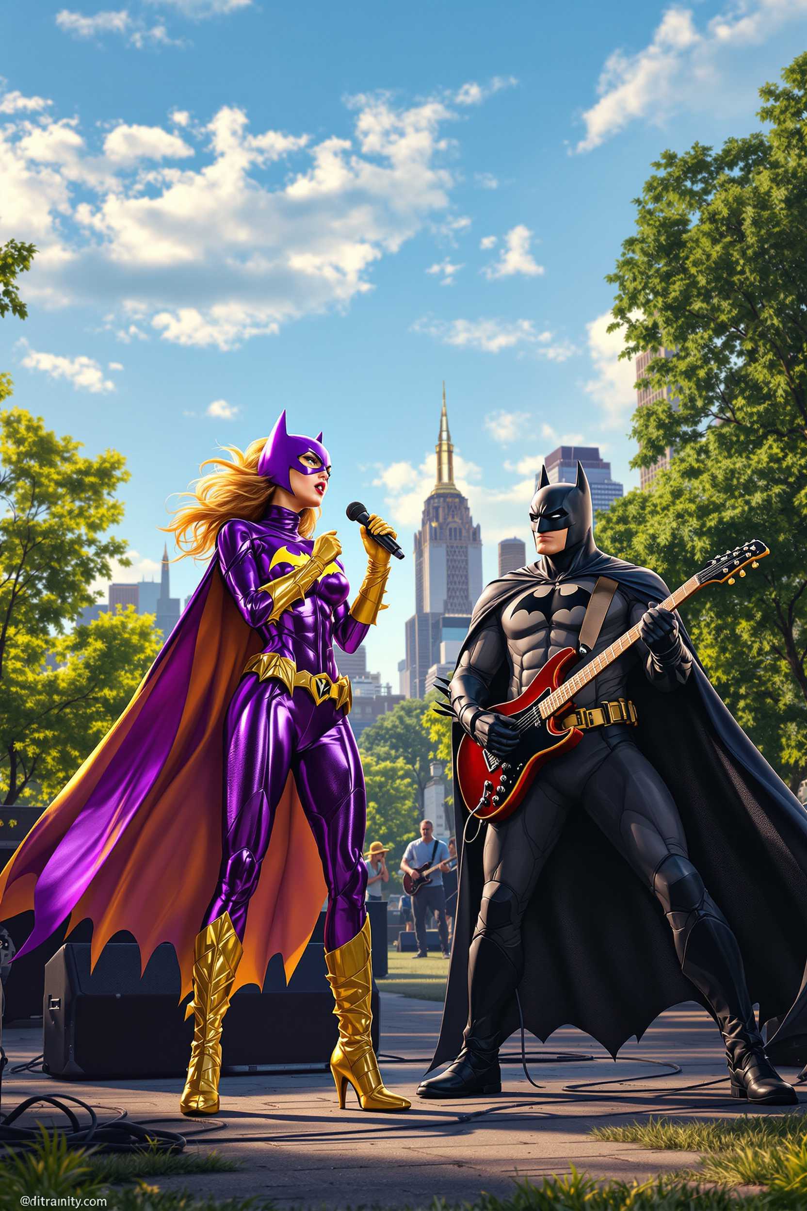In a vibrant urban park setting, with the city skyline visible in the distance, the scene captures Batgirl standing at center stage, holding a microphone passionately as she sings. She is dressed in her iconic suit, with vibrant hues of purple and gold catching the glint of the late afternoon sun. To her right, Batman rocks out on an electric guitar, his cape flowing dramatically as a spotlight emphasizes his formidable presence.