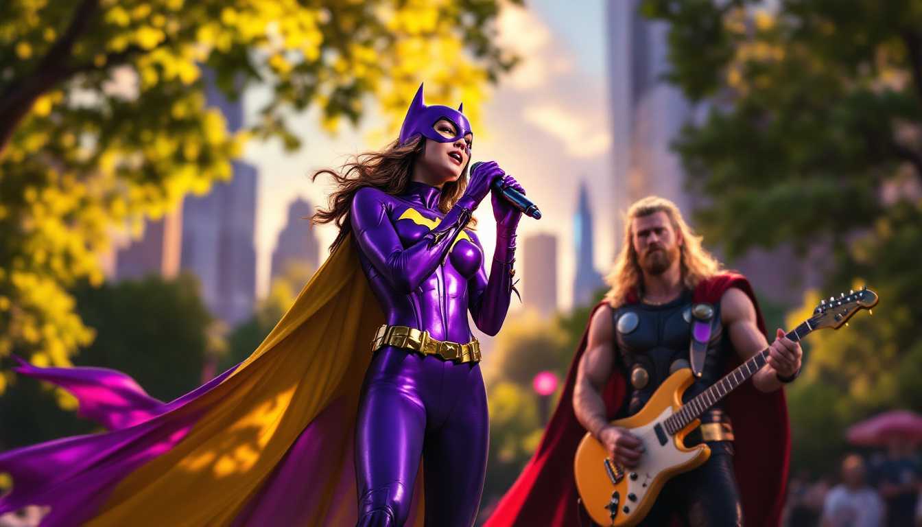 In a vibrant urban park setting, with the city skyline visible in the distance, the scene captures Batgirl standing at center stage, holding a microphone passionately as she sings. She is dressed in her iconic suit, with vibrant hues of purple and gold catching the glint of the late afternoon sun. To her right, thor rocks out on an electric guitar, his cape flowing dramatically as a spotlight emphasizes his formidable presence.