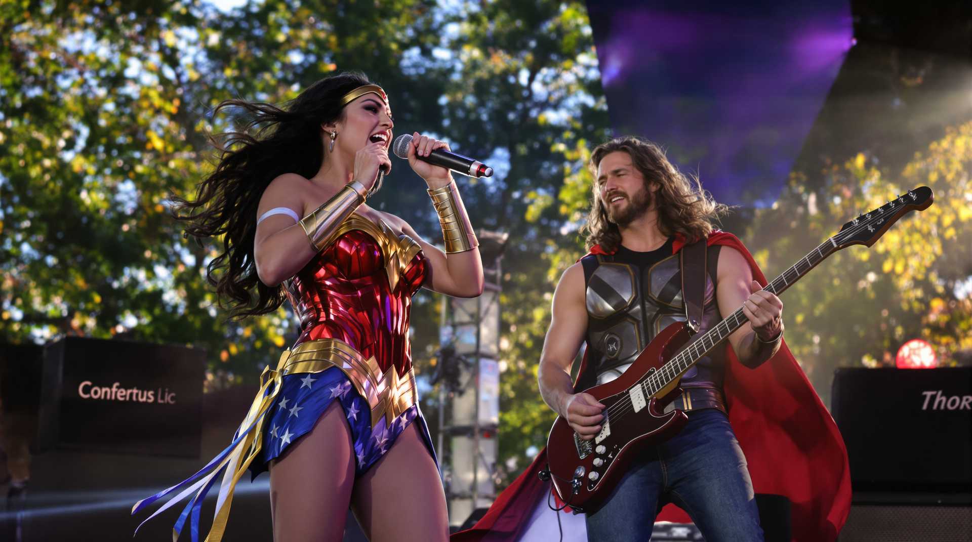 In a vibrant urban park setting, with the city skyline visible in the distance, the scene captures Wonder woman standing at center stage, holding a microphone passionately as she sings. She is dressed in her iconic suit, with vibrant hues of red  and gold catching the glint of the late afternoon sun. To her right, thor rocks out on an electric guitar, his cape flowing dramatically as a spotlight emphasizes his formidable presence.