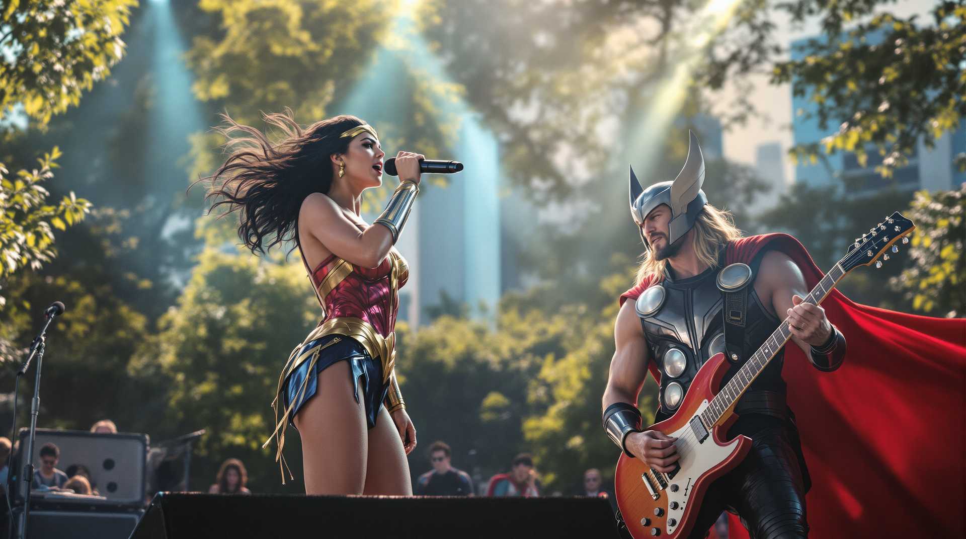 In a vibrant urban park setting, with the city skyline visible in the distance, the scene captures Wonder woman standing at center stage, holding a microphone passionately as she sings. She is dressed in her iconic suit, with vibrant hues of red  and gold catching the glint of the late afternoon sun. To her right, thor rocks out on an electric guitar, his cape flowing dramatically as a spotlight emphasizes his formidable presence.