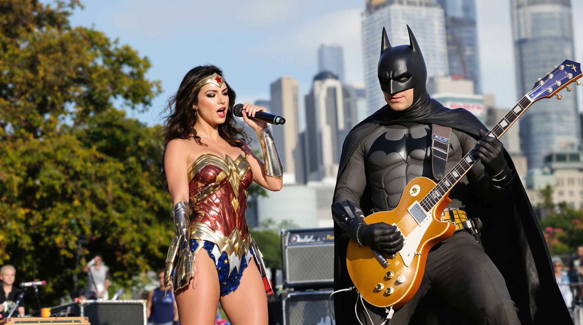 In a vibrant urban park setting, with the city skyline visible in the distance, the scene captures Wonder woman standing at center stage, holding a microphone passionately as she sings. She is dressed in her iconic suit, with vibrant hues of red  and gold catching the glint of the late afternoon sun. To her right, Batman rocks out on an tan Les Paul electric guitar, his cape flowing dramatically as a spotlight emphasizes his formidable presence.