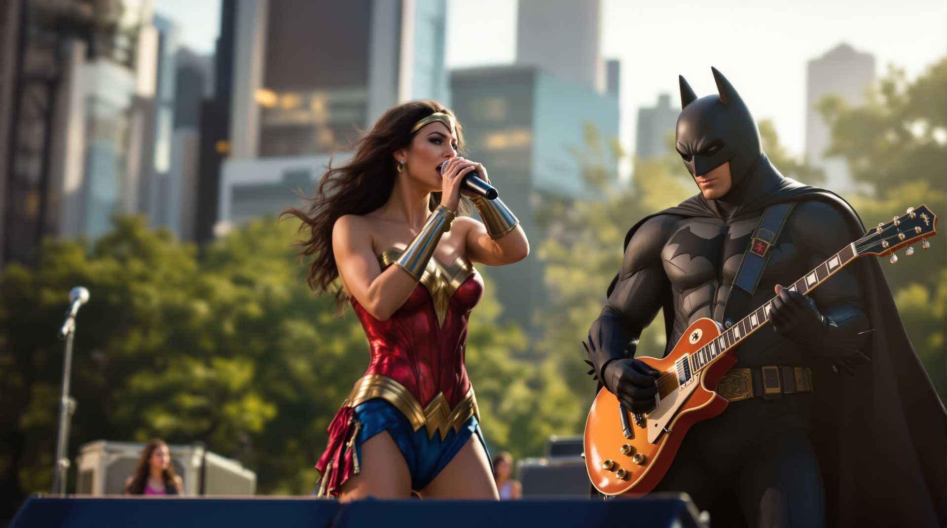 In a vibrant urban park setting, with the city skyline visible in the distance, the scene captures Wonder woman standing at center stage, holding a microphone passionately as she sings. She is dressed in her iconic suit, with vibrant hues of red  and gold catching the glint of the late afternoon sun. To her right, Batman rocks out on an tan Les Paul electric guitar, his cape flowing dramatically as a spotlight emphasizes his formidable presence.