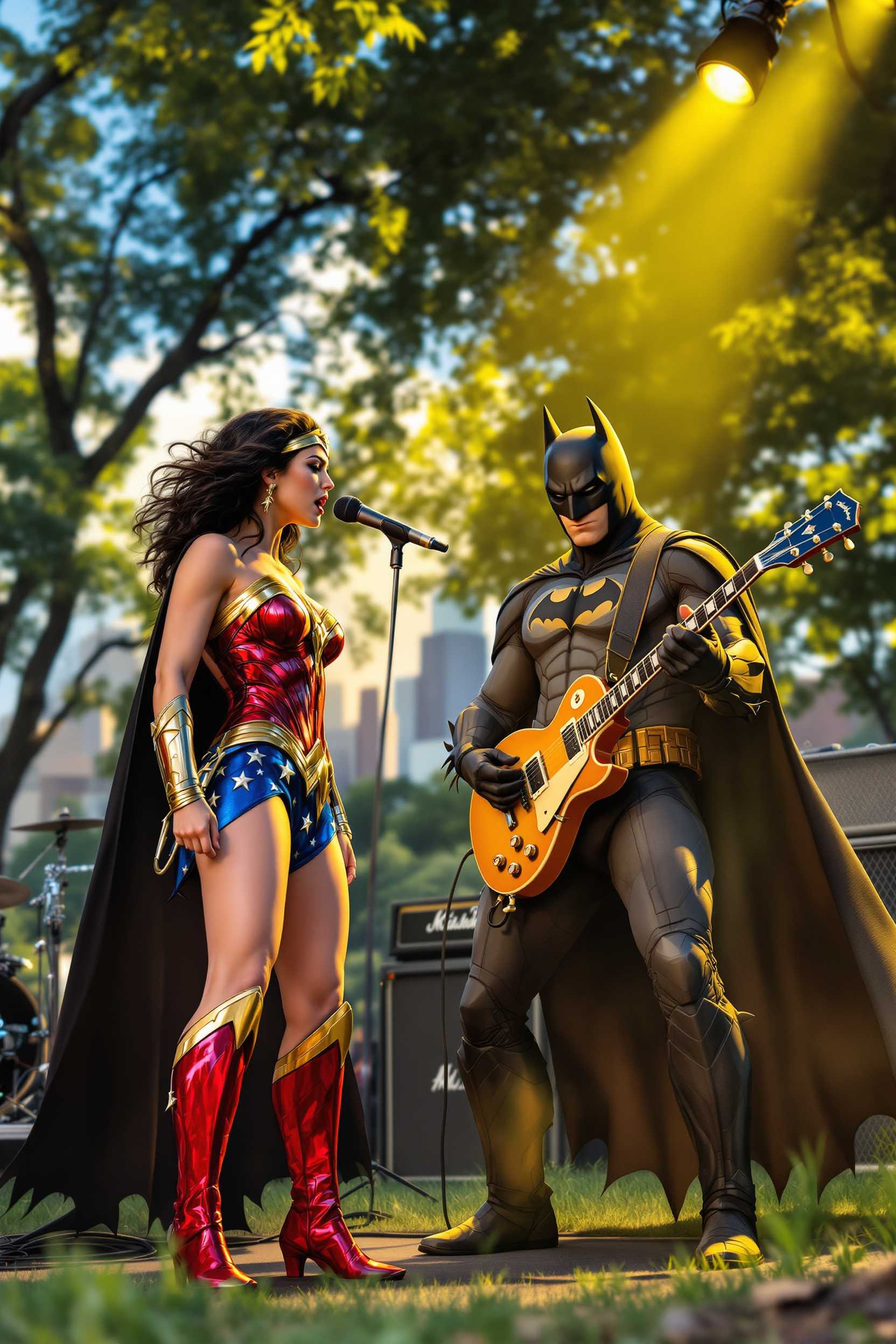 In a vibrant urban park setting, with the city skyline visible in the distance, the scene captures Wonder woman standing at center stage, holding a microphone passionately as she sings. She is dressed in her iconic suit, with vibrant hues of red  and gold catching the glint of the late afternoon sun. To her right, Batman rocks out on an tan Les Paul electric guitar, his cape flowing dramatically as a spotlight emphasizes his formidable presence.
