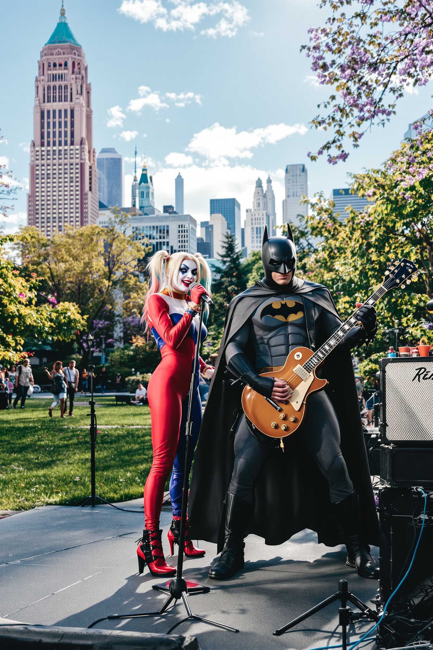 Batman and Harley Quinn Performing Live A Musical Performance in a City Park