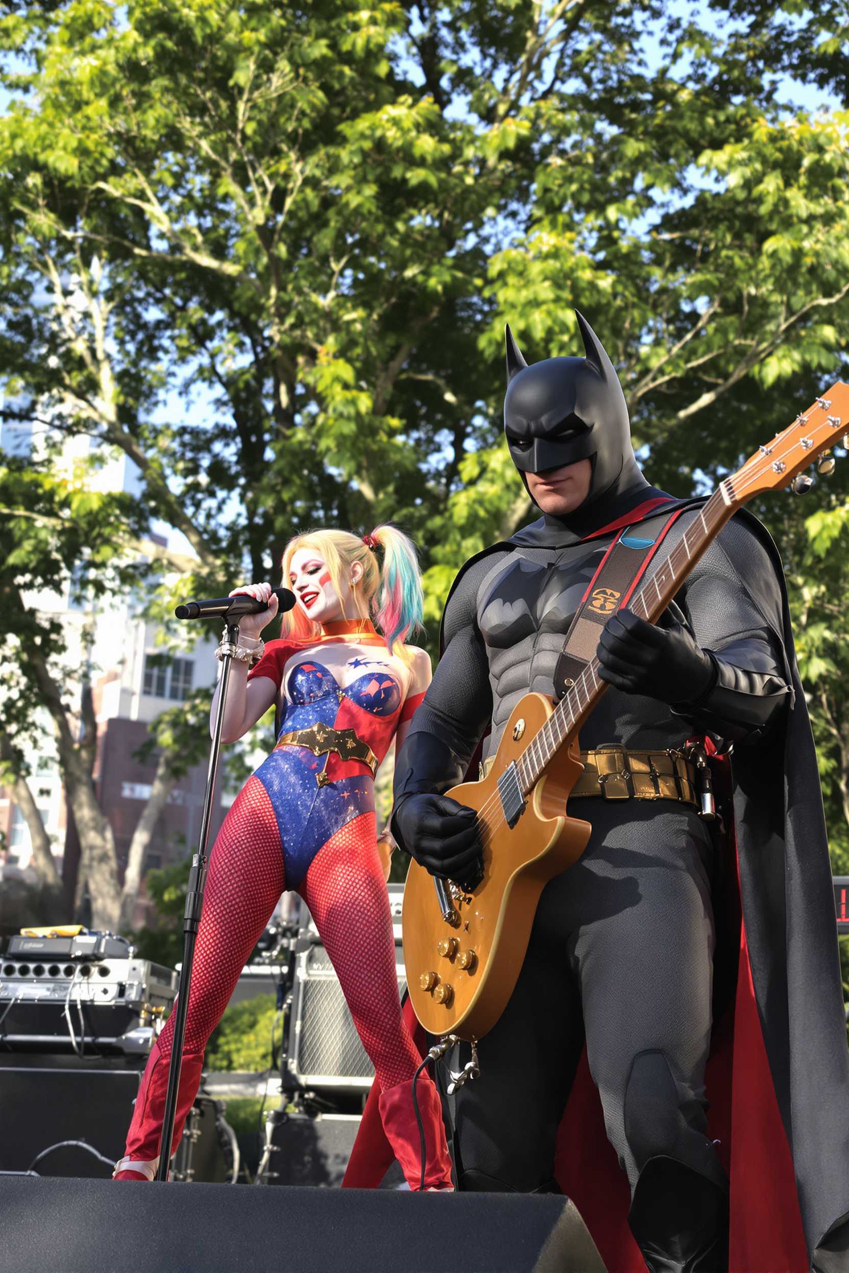 In a vibrant urban park setting, with the city skyline visible in the distance, the scene captures Harley Quinn standing at center stage, holding a microphone passionately as she sings. She is dressed in her iconic suit, with vibrant hues of red  and blue, catching the glint of the late afternoon sun. To her right, Batman rocks out on an tan Les Paul electric guitar, his cape flowing dramatically as a spotlight emphasizes his formidable presence.