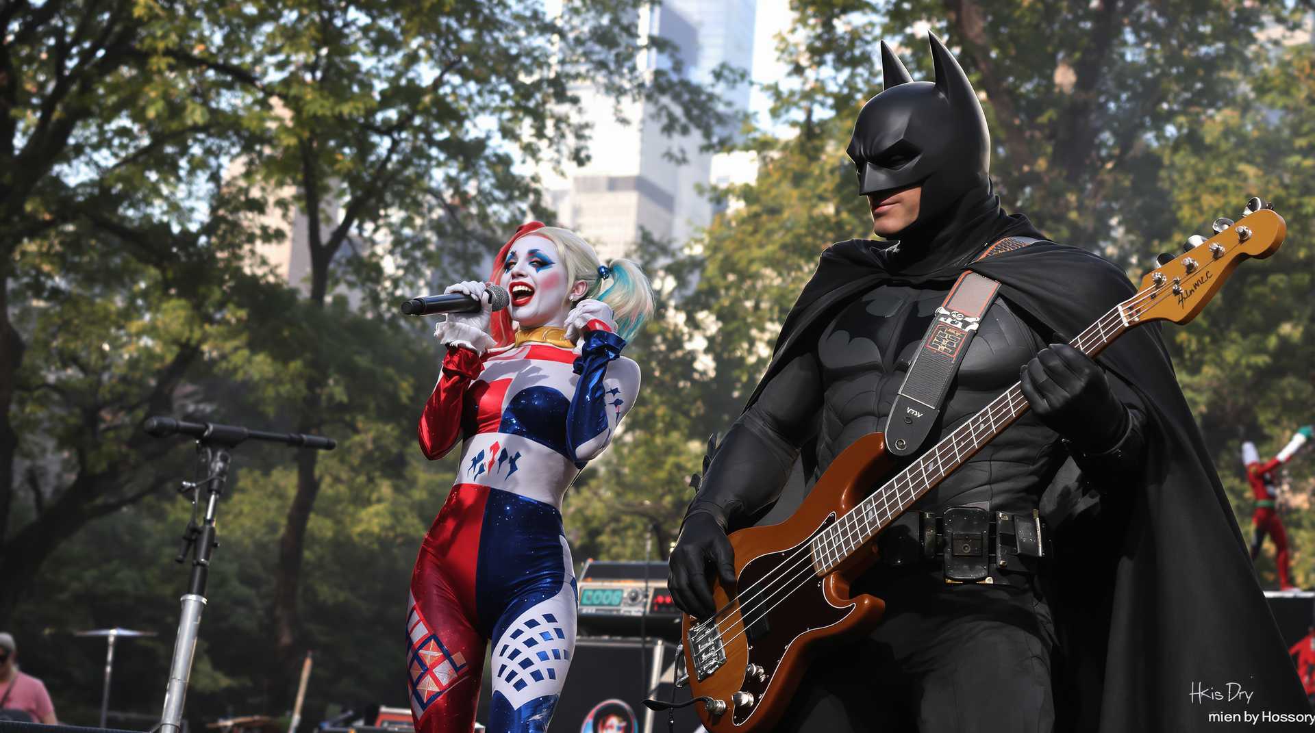 In a vibrant urban park setting, with the city skyline visible in the distance, the scene captures Harley Quinn standing at center stage, holding a microphone passionately as she sings. She is dressed in her iconic suit, with vibrant hues of red  and blue, catching the glint of the late afternoon sun. To her right, Batman rocks out on an brown 'Alembic' Stanley Clarke model electric bass guitar, his cape flowing dramatically as a spotlight emphasizes his formidable presence.
