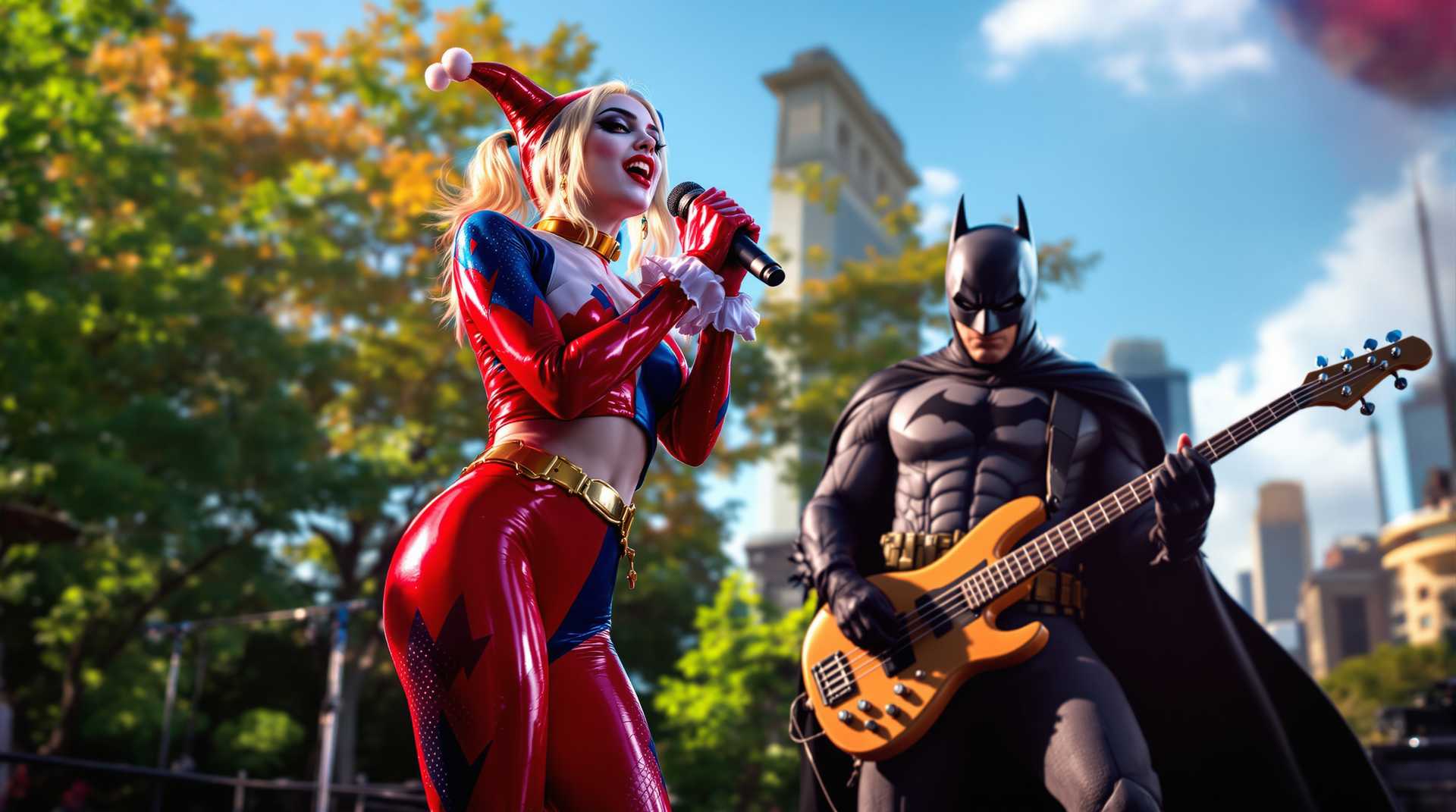 In a vibrant urban park setting, with the city skyline visible in the distance, the scene captures Harley Quinn standing at center stage, holding a microphone passionately as she sings. She is dressed in her iconic suit, with vibrant hues of red  and blue, catching the glint of the late afternoon sun. To her right, Batman rocks out on an 'Alembic' model electric bass guitar, his cape flowing dramatically as a spotlight emphasizes his formidable presence.