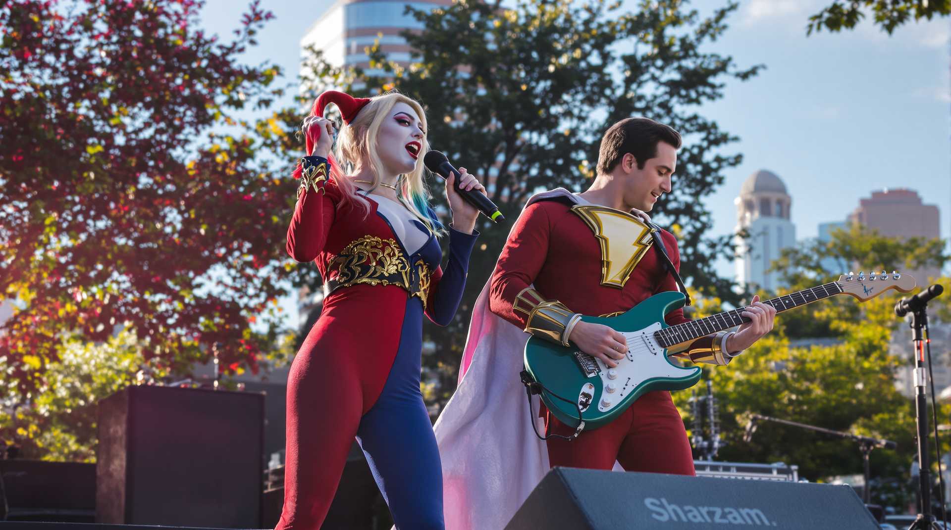 Joker and Harley Quinn Perform on Stage with Guitar