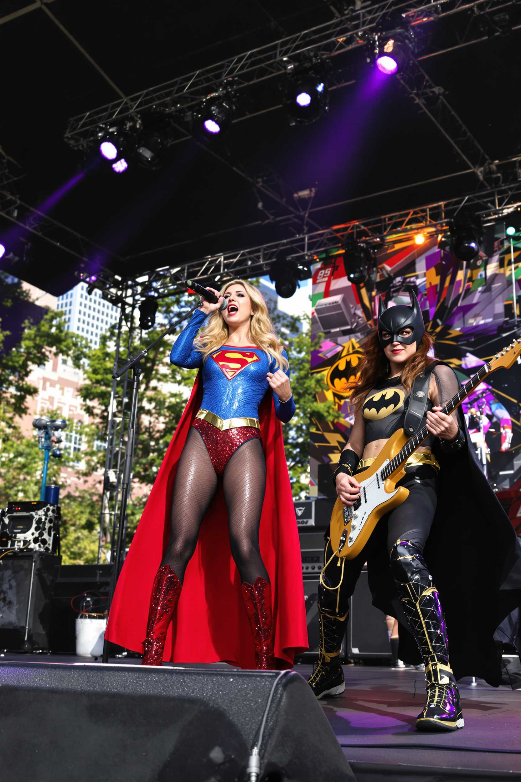 In a vibrant urban park setting, with the city skyline visible in the distance, the scene captures Supergirl standing at center stage, holding a microphone passionately as she sings. She is dressed in her iconic suit, with vibrant hues of red  and blue, catching the glint of the late afternoon sun. To her right, Batgirl rocks out on an electric guitar, her cape flowing dramatically as a spotlight emphasizes her formidable presence.