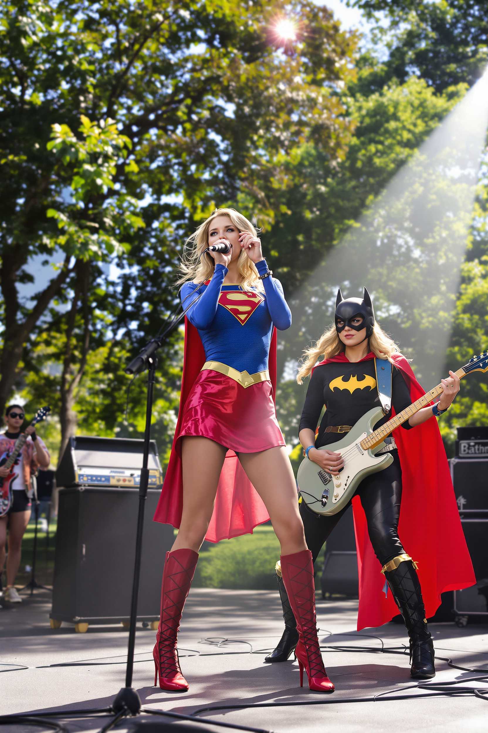 In a vibrant urban park setting, with the city skyline visible in the distance, the scene captures Supergirl standing at center stage, holding a microphone passionately as she sings. She is dressed in her iconic suit, with vibrant hues of red  and blue, catching the glint of the late afternoon sun. To her right, Batgirl rocks out on an electric guitar, her cape flowing dramatically as a spotlight emphasizes her formidable presence.