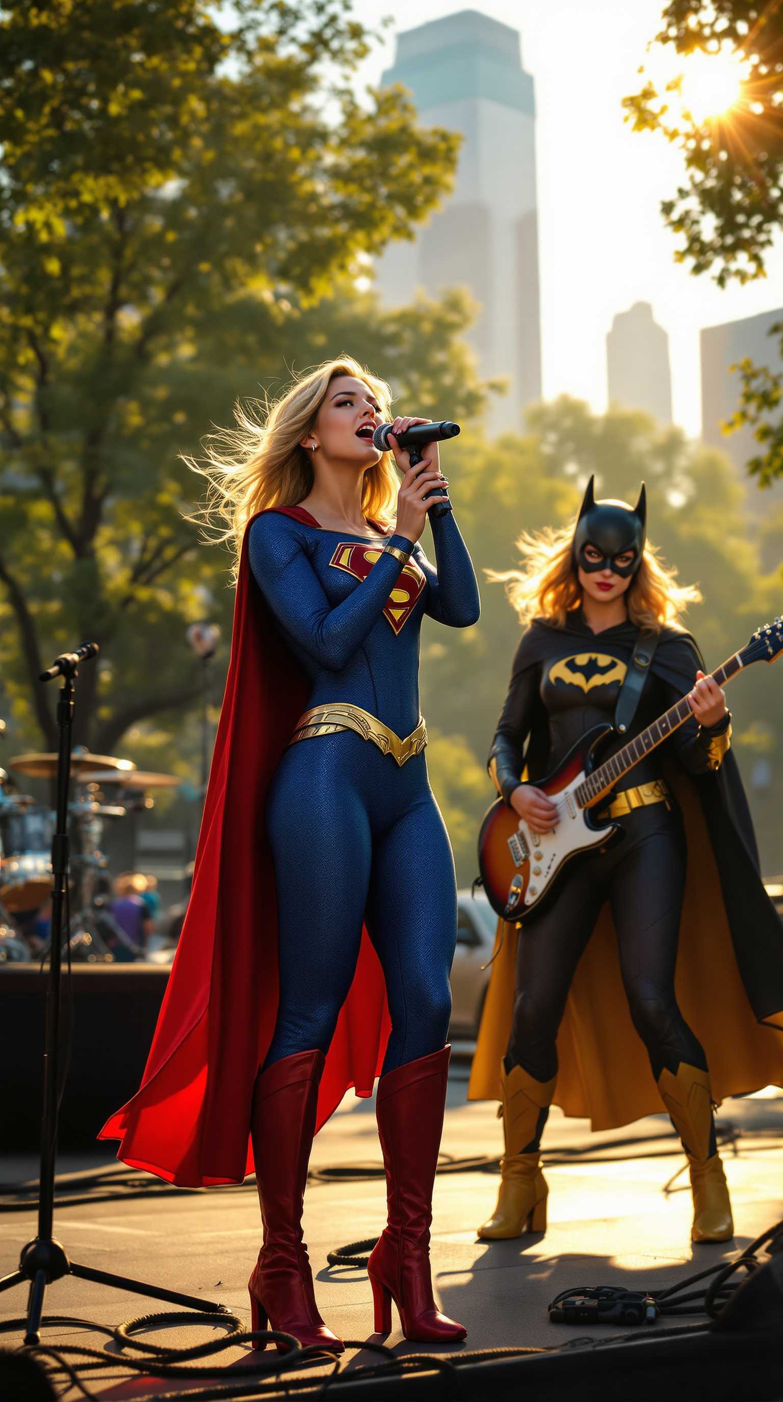Superhero Concert Woman in Blue Superhero Costume Singing into Microphone with Guitarist in Black Batman Costume