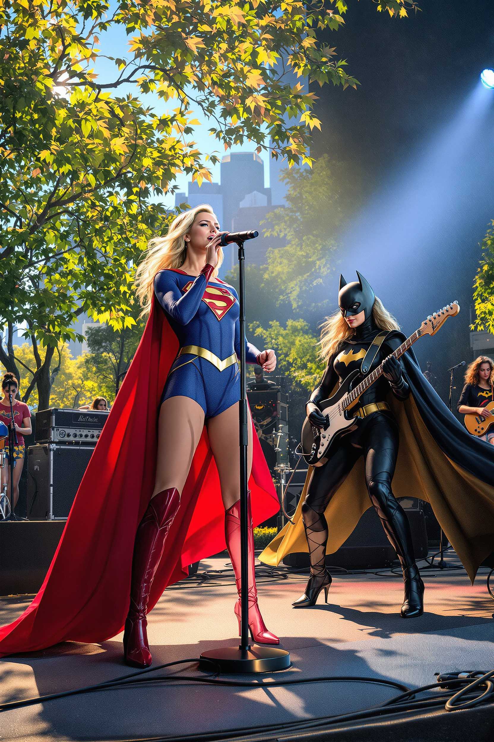 In a vibrant urban park setting, with the city skyline visible in the distance, the scene captures Supergirl standing at center stage, holding a microphone passionately as she sings. She is dressed in her iconic suit, with vibrant hues of red  and blue, catching the glint of the late afternoon sun. To her right, Batgirl rocks out on an electric guitar, her black and gold cape flowing dramatically as a spotlight emphasizes her formidable presence.