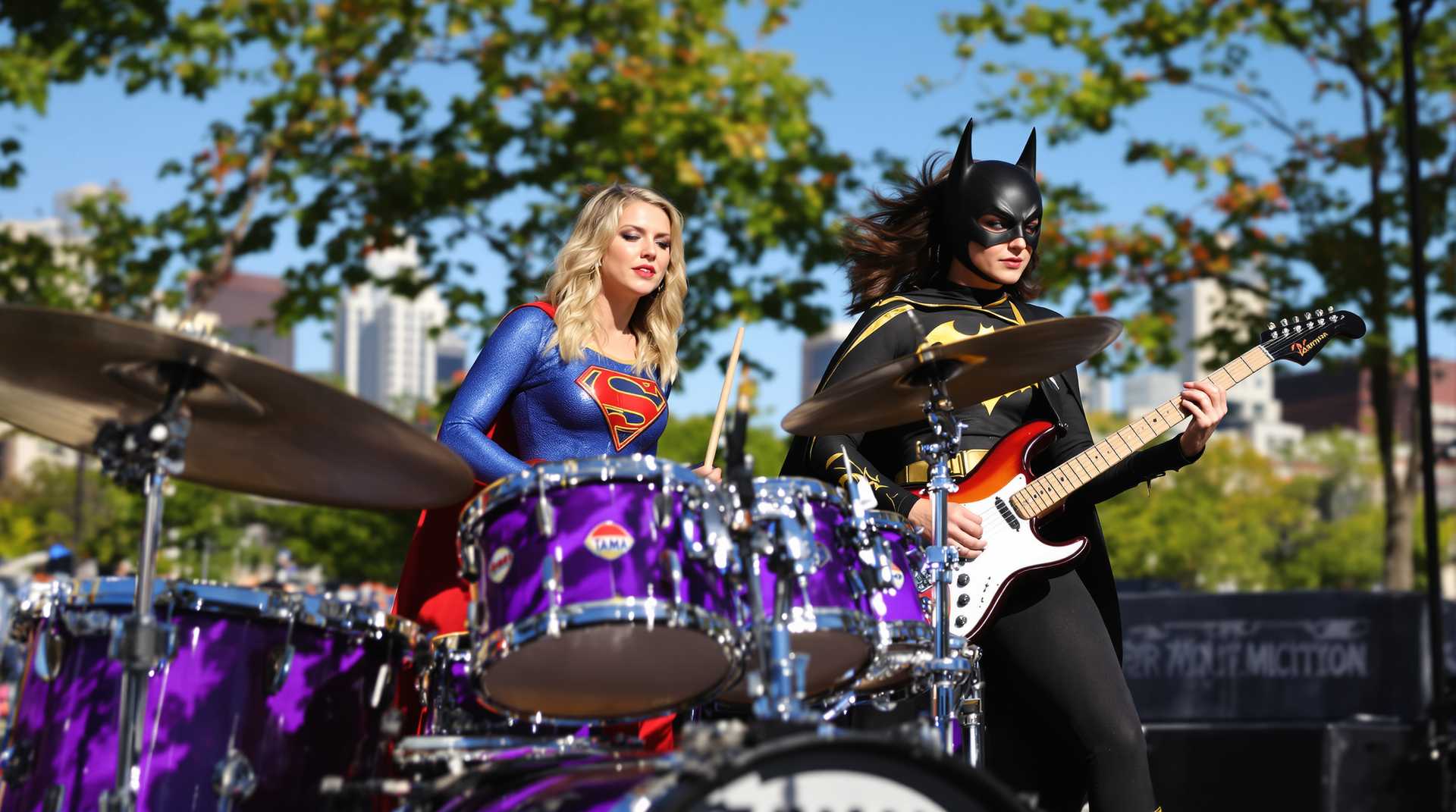 In a vibrant urban park setting, with the city skyline visible in the distance, the scene captures Supergirl at center stage, She is playing purple "Tama" brand  drums. She is dressed in her iconic suit, with vibrant hues of red  and blue, catching the glint of the late afternoon sun. To her right, Batgirl rocks out on an electric guitar, her black and gold cape flowing dramatically as a spotlight emphasizes her formidable presence.