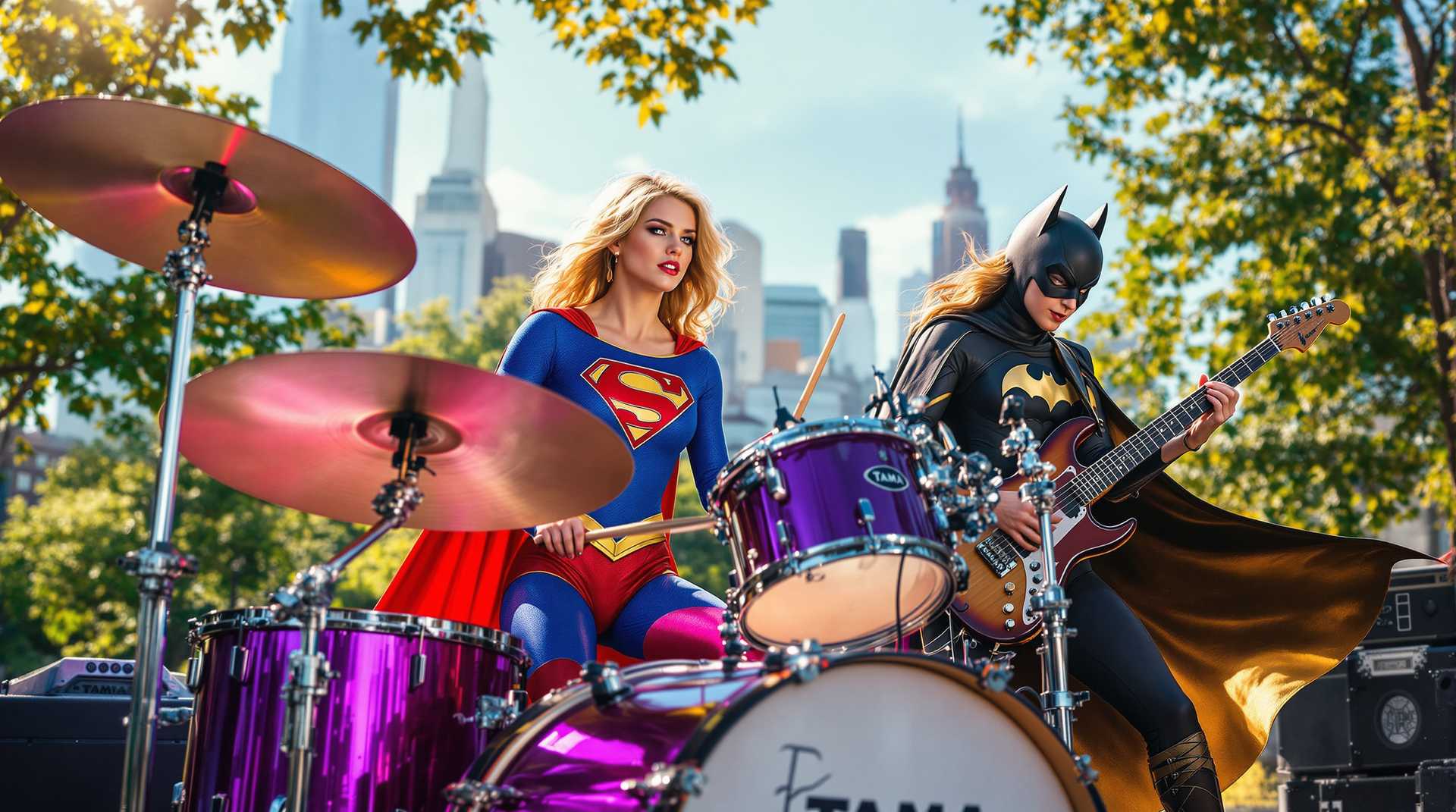In a vibrant urban park setting, with the city skyline visible in the distance, the scene captures Supergirl at center stage, She is playing purple "Tama" brand  drums. She is dressed in her iconic suit, with vibrant hues of red  and blue, catching the glint of the late afternoon sun. To her right, Batgirl rocks out on an electric guitar, her black and gold cape flowing dramatically as a spotlight emphasizes her formidable presence.