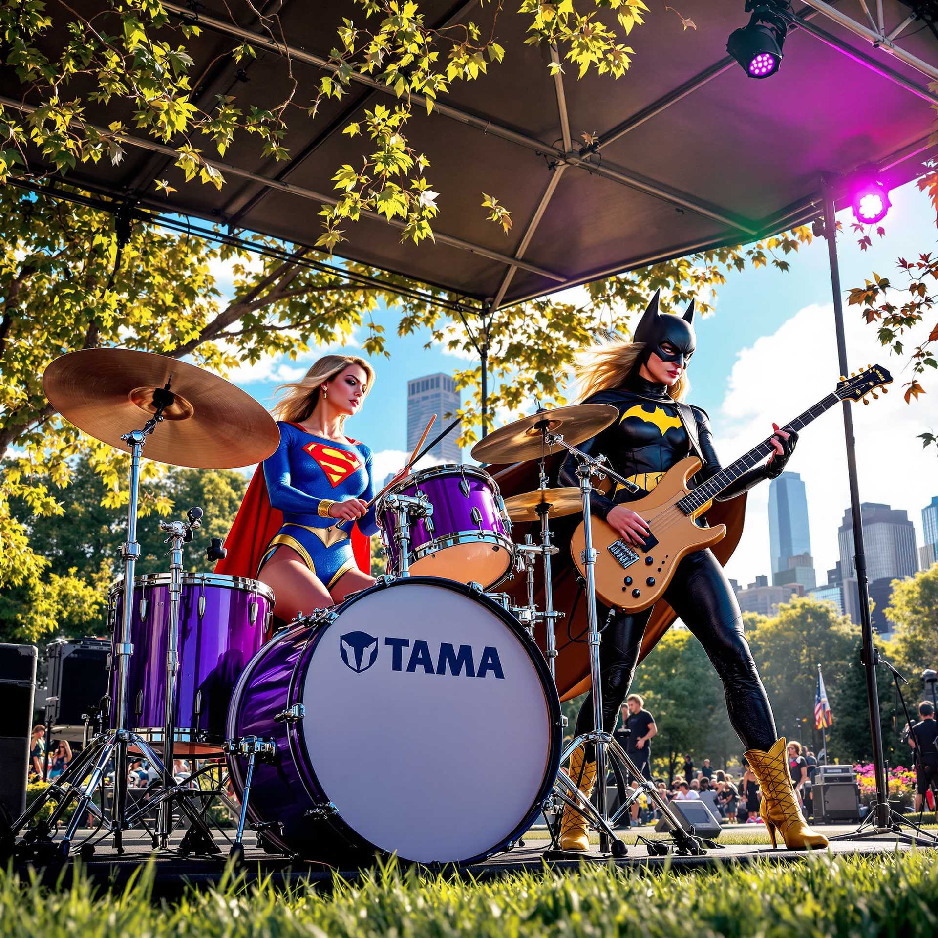In a vibrant urban park setting, with the city skyline visible in the distance, the scene captures Supergirl at center stage, She is playing purple "Tama" brand  drums. She is dressed in her iconic suit, with vibrant hues of red  and blue, catching the glint of the late afternoon sun. To her right, Batgirl rocks out on an electric guitar, her black and gold cape flowing dramatically as a spotlight emphasizes her formidable presence.