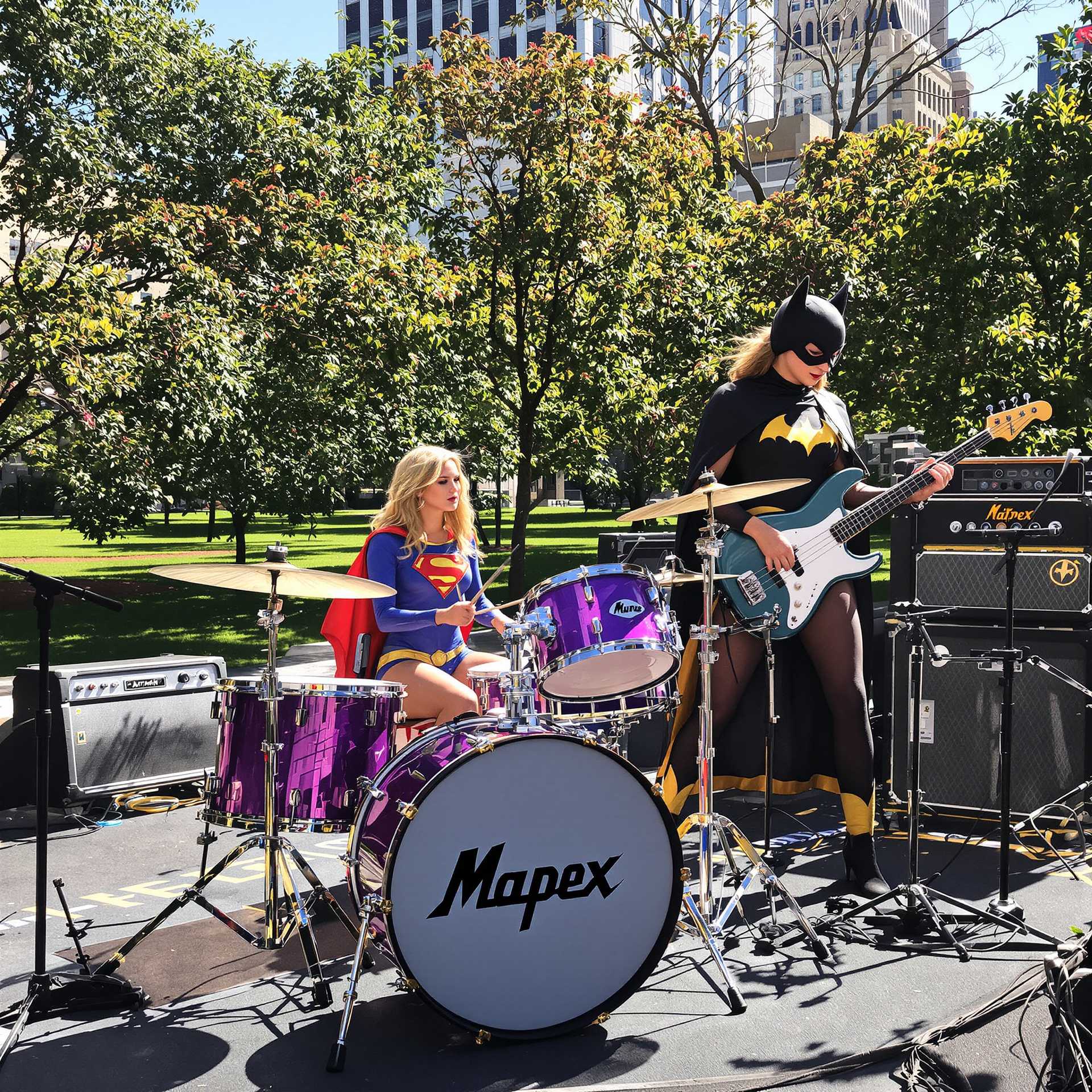 In a vibrant urban park setting, with the city skyline visible in the distance, the scene captures Supergirl at center stage, She is playing purple "Mapex" brand  drums. She is dressed in her iconic suit, with vibrant hues of red  and blue, catching the glint of the late afternoon sun. To her right, Batgirl rocks out on an electric bass guitar, her black and gold cape flowing dramatically as a spotlight emphasizes her formidable presence.