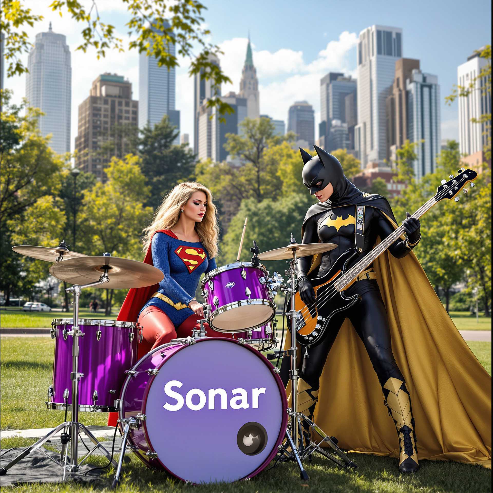 Superhero Band Batman and Supergirl Playing Drums and Guitar