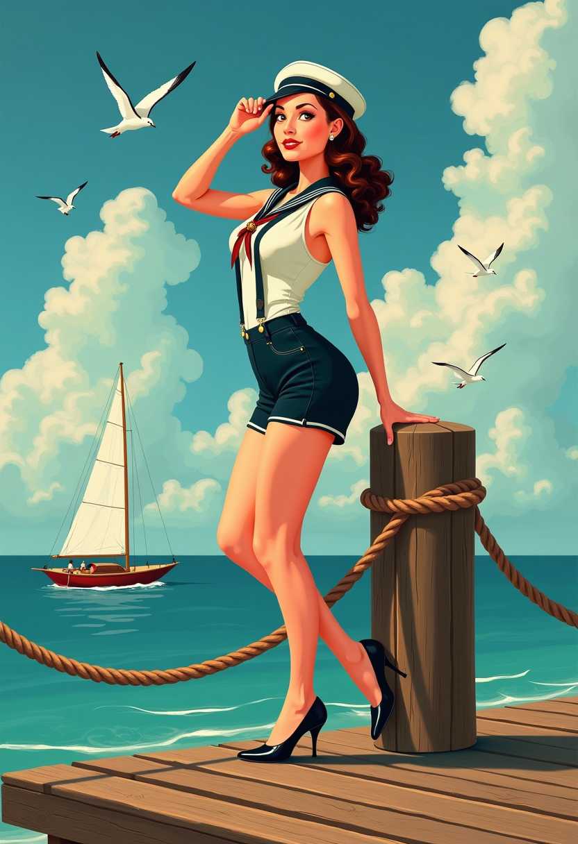 This image is a stylized representation of a pinup girl, a genre of illustration that flourished during World War II and is characterized by its emphasis on the female form and a playful, flirtatious attitude. The art style is reminiscent of the 1940s to 1950s pinup era, with a focus on bold lines, bright colors, and a sense of movement and dynamism.The medium appears to be a digital painting or illustration, given the smooth blending of colors and the lack of texture that would be present in a traditional painting. The colors are vibrant and saturated, with a clear contrast between the warm tones of the subject and the cool blues of the background. The sky is a deep blue with scattered white clouds, and the water is a tranquil shade of bluegreen.The objects in the image include1. The subject A woman dressed in a sailorinspired outfit, consisting of a white sleeveless top with a sailor collar, black shorts with a white trim, and black stockings with suspenders. She is wearing black highheeled shoes and a sailors hat. Her pose is playful and flirtatious, with one hand on her hip and the other tipping her hat.2. A wooden dock or pier The subject is standing on a weathered wooden dock or pier, which has a textured appearance and a rich brown color.3. A rope A coiled rope is wrapped around a post or bollard, which the subject is leaning on with her right hand.4. A sailboat In the background, there is a small sailboat floating on the water, with its white sails catching the wind.5. Birds Above the subject, there are several birds in flight, adding a sense of movement and life to the scene.Overall, the image exudes a sense of nostalgia and whimsy, invoking the spirit of the pinup era and the romance of the sea.