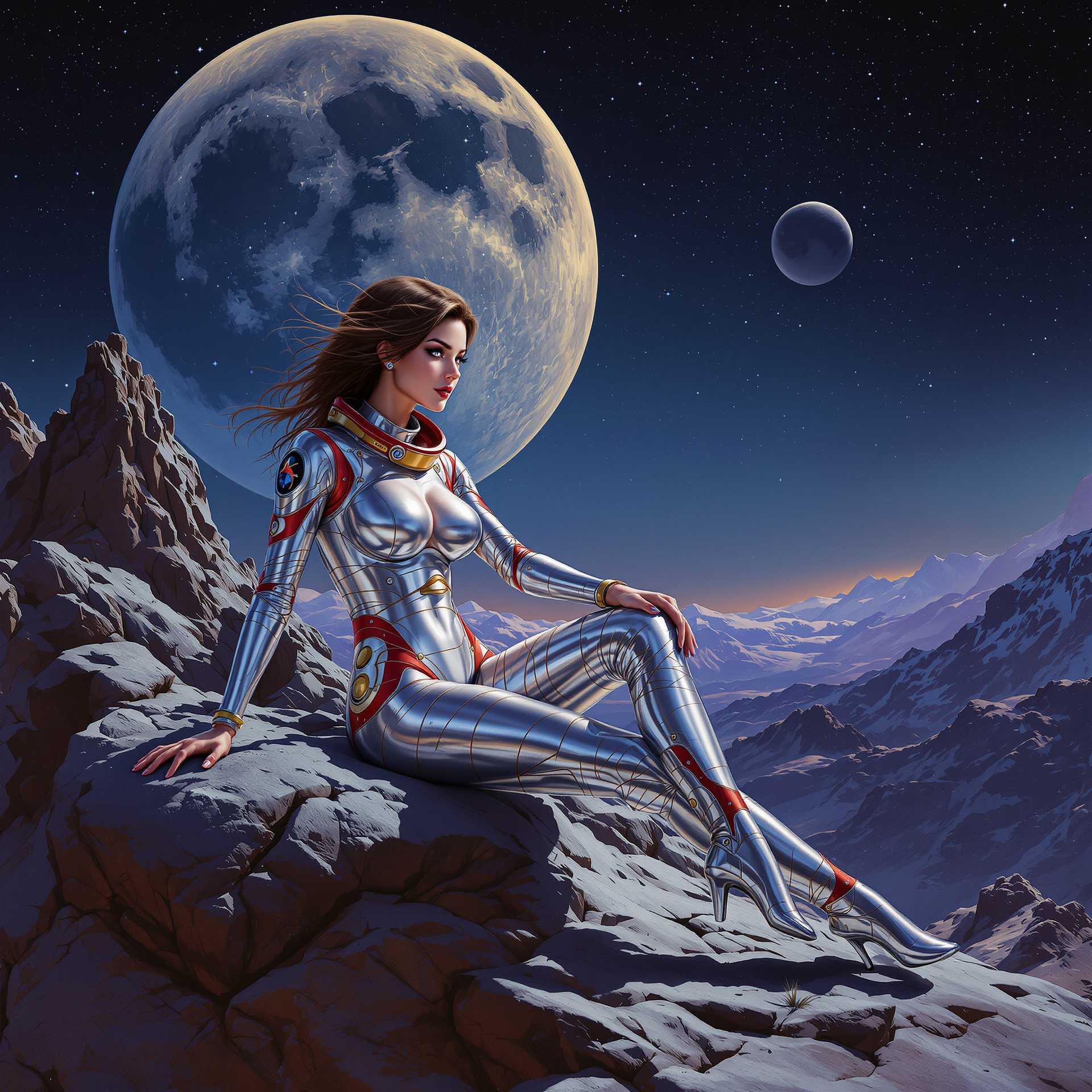 This image is a digital painting that captures a spacethemed scene. The art style is reminiscent of pinup art, with a focus on the female figure and a blend of science fiction elements. The medium appears to be digital painting software, given the smooth blending of colors and the lack of texture that might be present in traditional painting mediums.The colors in the image are rich and vibrant, with a predominance of blues, purples, and blacks that create a night sky effect. The figure is adorned in a metallic silver space suit with touches of red and gold, which stand out against the darker background. The suit has a shiny, reflective quality, which adds to the futuristic feel of the image.The figure is seated on a rugged, rocky terrain, which is depicted with a variety of textures and shadows. The rocks are primarily in shades of gray and brown, with some lighter areas that suggest sunlight hitting the surface. The figures pose is relaxed yet confident, with one arm resting on the rock and the other extended outwards.In the background, the night sky is filled with stars, and a large, detailed moon hangs prominently. The moon has craters and maria, and its light casts a soft glow on the distant mountains, which are silhouetted against the night sky. There is also a smaller, less detailed moon visible in the distance, adding to the sense of a lunar landscape.The overall mood of the image is one of solitude and contemplation, as the figure seems to be lost in thought or gazing into the distance. The contrast between the figures shiny suit and the rugged terrain, along with the juxtaposition of the familiar pinup style with the science fiction setting, creates a compelling and visually engaging piece of art.