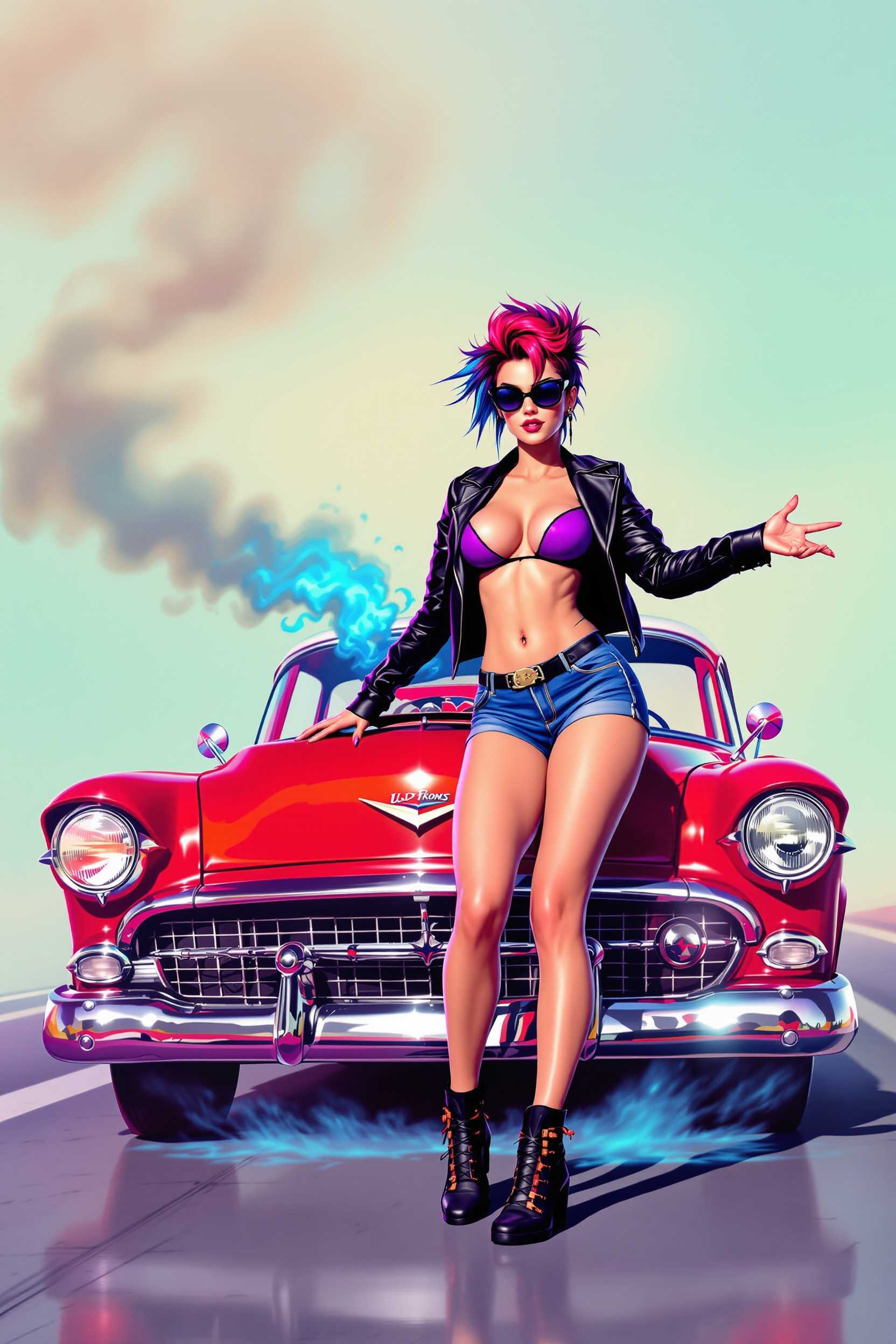 This image is a stylized illustration that captures a vibrant and dynamic scene. The art style is reminiscent of pinup art, which is characterized by its bold outlines, exaggerated proportions, and the depiction of attractive figures in a suggestive manner. The medium appears to be digital painting, given the smooth blending of colors and the lack of texture that might be present in traditional painting mediums.The colors in the image are bright and saturated, with a predominance of blues, reds, and purples. These colors create a lively and somewhat nostalgic atmosphere. The red car in the foreground is the focal point, with its glossy finish and classic design elements like the chrome grille and headlights. The cars hood is open, and theres a blue mist or smoke emanating from the engine, which adds a sense of urgency or mechanical malfunction to the scene.The figure in the image is a stylized representation of a woman, dressed in a black leather jacket, a purple bra, and denim shorts. She has a confident pose, with one hand on her hip and the other extended outward as if gesturing or beckoning. Her hair is styled in a punkrock fashion, with a mix of red and blue tones, and shes wearing dark sunglasses. The womans outfit and pose suggest a rebellious or edgy character, fitting the pinup aesthetic.The background of the image is a simple gradient of light blue to a slightly warmer tone, which helps to draw the viewers attention to the central elements of the illustration. Theres a sense of depth created by the positioning of the woman and the car, with the woman slightly in front of the car, and the cars reflection on the road surface.Overall, the image is a playful and eyecatching piece that combines elements of automotive culture with the allure of pinup art. The use of color, composition, and subject matter all contribute to a dynamic and engaging visual experience.