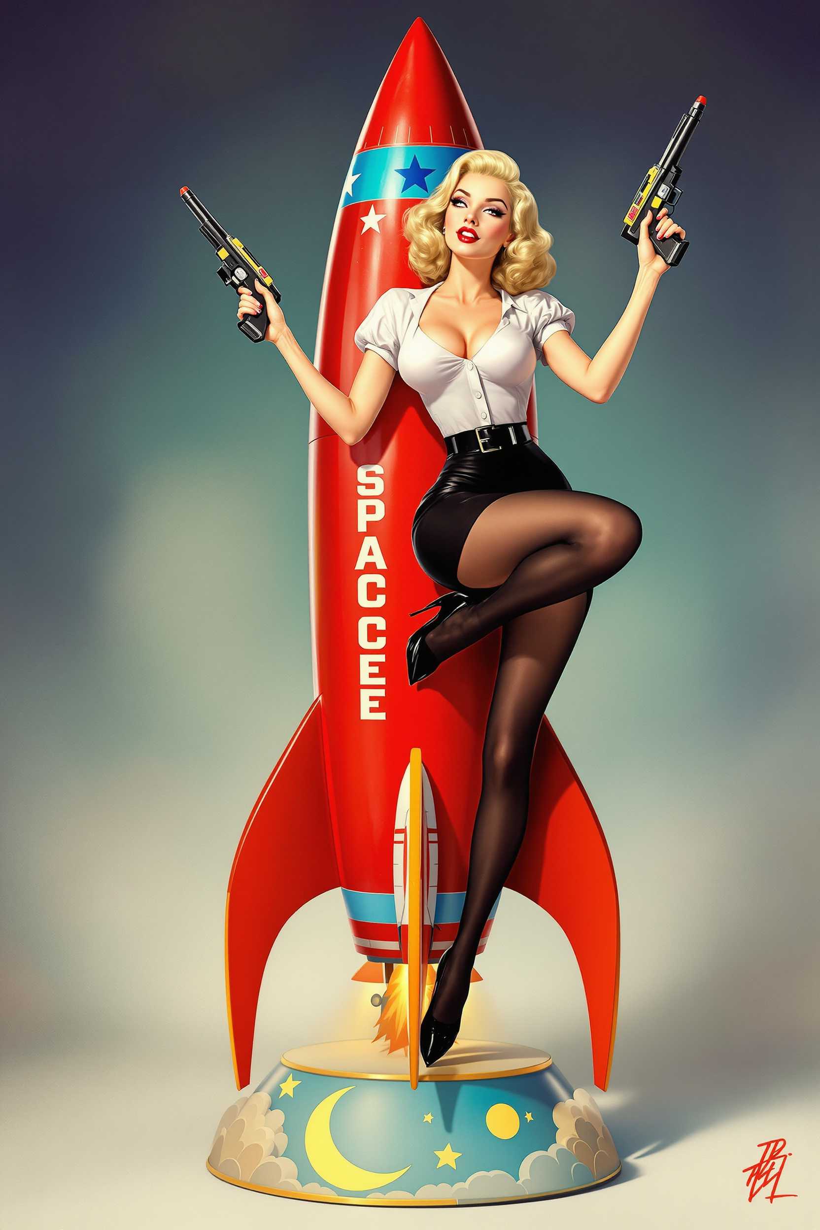 This image is a stylized representation of a pinup girl, a genre of illustration that flourished in the United States during the 1940s and 1950s. The art style is reminiscent of the classic pinup era, with a focus on the female figure and a playful, exaggerated pose that is characteristic of the genre.The medium appears to be digital painting, given the smooth gradients and lack of texture that are common in contemporary digital art. The colors are bright and bold, with a clear emphasis on primary colors such as red, blue, yellow, and white. The palette is reminiscent of the vibrant colors often used in pinup art to create a sense of energy and excitement.The subject of the image is a woman with blonde hair styled in a 1950s fashion, wearing a shortsleeved white blouse with a low neckline and a fitted black skirt. She is wearing black stockings and high heels, and her pose is dynamic, with one leg lifted and the other planted firmly on the rocket. Her arms are raised, and she is holding two toy ray guns, which add a playful element to the composition.The rocket itself is the central object in the image. It is a vibrant red with blue and yellow accents, and it has a retro design that is reminiscent of the space toys popular in the 1950s. The rocket is perched on top of a base that features a stylized depiction of the moon with a rocket ship and a crescent moon, which complements the overall space theme of the image.The overall effect of the image is playful and nostalgic, invoking the spirit of the pinup era and the excitement of space exploration in the mid20th century.