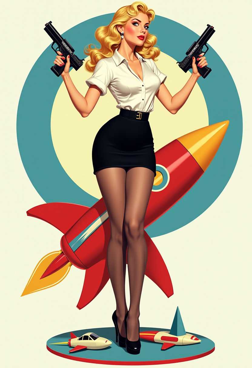 This image is a stylized representation of a pinup girl, a genre of illustration that flourished in the United States during the 1940s and 1950s. The art style is reminiscent of the classic pinup era, with a focus on the female figure and a playful, exaggerated pose that is characteristic of the genre.The medium appears to be digital painting, given the smooth gradients and lack of texture that are common in contemporary digital art. The colors are bright and bold, with a clear emphasis on primary colors such as red, blue, yellow, and white. The palette is reminiscent of the vibrant colors often used in pinup art to create a sense of energy and excitement.The subject of the image is a woman with blonde hair styled in a 1950s fashion, wearing a shortsleeved white blouse with a low neckline and a fitted black skirt. She is wearing black stockings and high heels, and her pose is dynamic, with one leg lifted and the other planted firmly on the rocket. Her arms are raised, and she is holding two toy ray guns, which add a playful element to the composition.The rocket itself is the central object in the image. It is a vibrant red with blue and yellow accents, and it has a retro design that is reminiscent of the space toys popular in the 1950s. The rocket is perched on top of a base that features a stylized depiction of the moon with a rocket ship and a crescent moon, which complements the overall space theme of the image.The overall effect of the image is playful and nostalgic, invoking the spirit of the pinup era and the excitement of space exploration in the mid20th century.