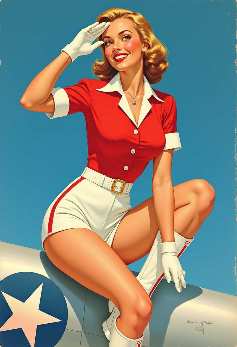 This image is a classic pinup style illustration, characterized by its vibrant colors, bold outlines, and the stylized representation of the subject. The medium appears to be a form of print or lithography, given the smooth finish and the evenness of the colors.The subject of the image is a woman dressed in a militaryinspired outfit. She wears a red top with a white collar and cuffs, a white belt with a gold buckle, and a matching pair of white shorts with a red stripe down the side. Her outfit is completed with a pair of white kneehigh boots with red trim and a pair of white gloves.She is seated on what appears to be the wing of an aircraft, which is adorned with a blue roundel featuring a white star with a red center. The woman is posed in a relaxed manner, with one leg crossed over the other, and her left arm resting on the wing. Her right arm is raised to her forehead in a salute, and her left hand is placed on her knee. Her expression is cheerful and confident, with a bright smile and eyes looking directly at the viewer.The background of the image is a solid blue, which contrasts sharply with the bright red of the womans top and the white of her shorts and boots. The blue background also provides a sense of depth, making the subject stand out prominently.The overall art style of the image is reminiscent of 1940s and 1950s American pinup art, which often featured attractive women in various poses and costumes, often with a military theme. The style is characterized by its exaggerated curves, idealized proportions, and the use of bright, bold colors to create a sense of vibrancy and energy.