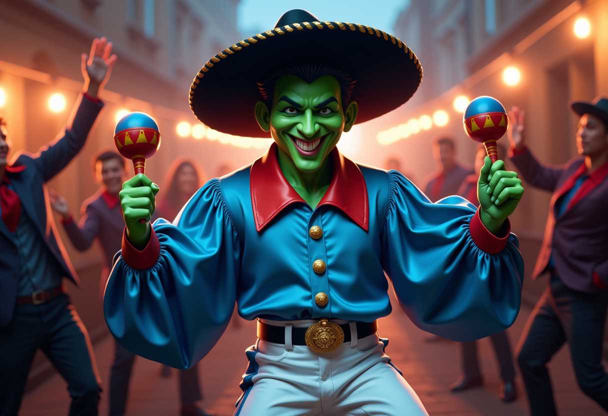Prompt:
Digital art, realistic, a character reminiscent of the movie "The Mask" a funny bright green face and exaggerated features, wears a black sombrero cordobés,bright blue satin shirt with large, puffy sleeves and red trim,white trousers with a blue strip at the side, holds two maracas in each hand. He is in the middle of a lively dance performance. Bg is a lively and slightly dark scene, reminiscent of the movie 'The Mask'. Confident pose,with a playful and energetic expression.