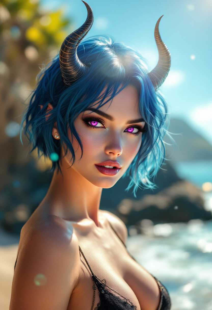 A hyper-realistic full-body portrait of an alluring succubus demon, brimming with confidence as she stands gracefully on a sun-drenched beach. Her short, dark blue hair shimmers brilliantly in the radiant sunlight, perfectly complementing her piercing bright purple eyes that cast an enigmatic allure. Elegant, upward-curving horns grace her head, adding a majestic touch to her captivating presence. She wears a stylish, form-fitting swimsuit that accentuates her voluptuous figure while echoing her seductive essence. The pristine beach setting infuses the scene with tranquility, as golden sands seamlessly blend with the sparkling waves under a clear, azure sky. The warm, sunny atmosphere is heightened by playful lens flares, adding a mystical vibrancy to the composition. Employing a hyper-realistic art style, the image meticulously highlights her detailed features, contrasting them against a dreamy, soft-focus background, drawing the viewer in with an irresistible sense of mystery and allure.