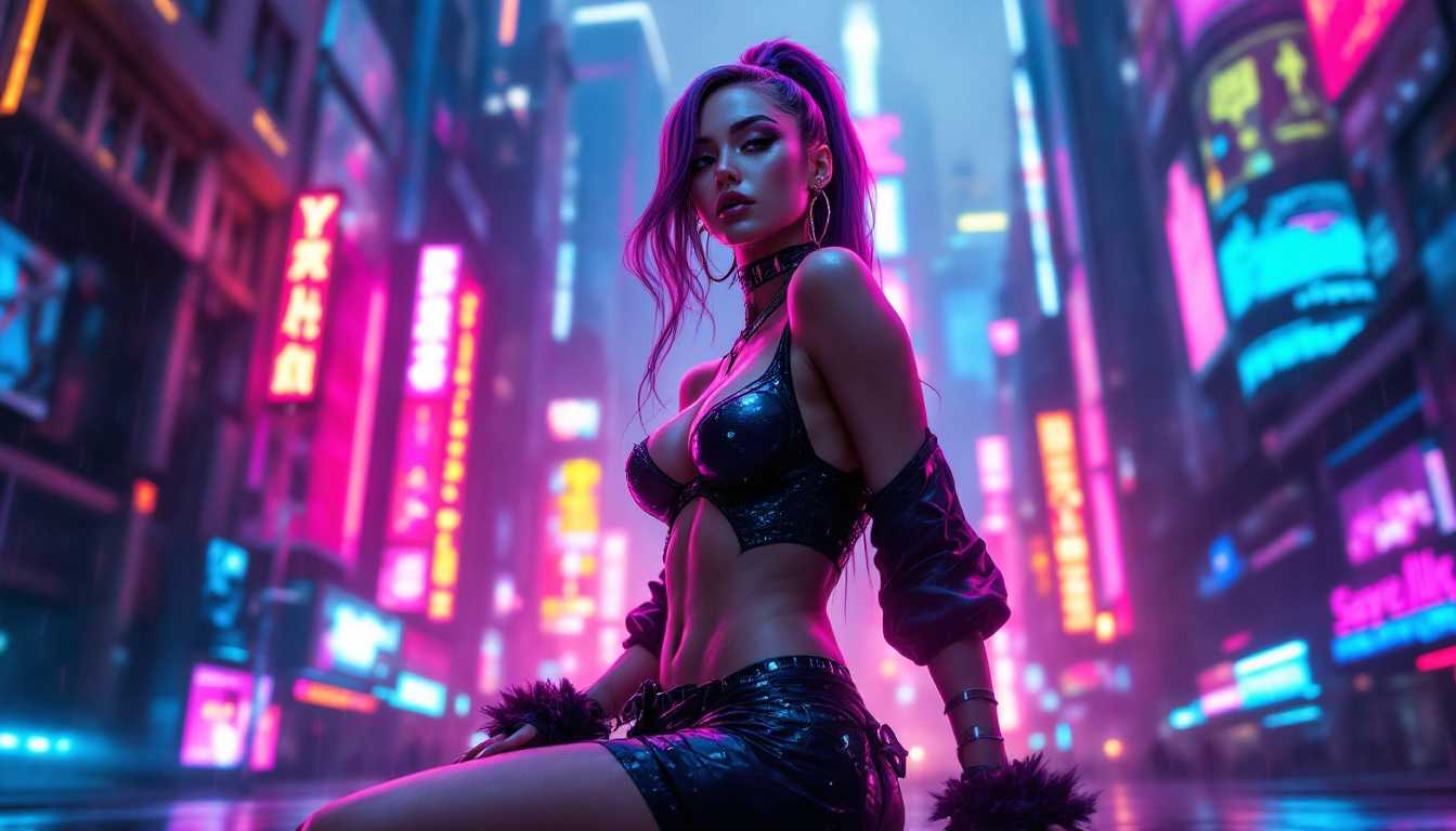 masterpiece, best quality, highres, sharp image, more detail, A stunning full-body portrait of a beautiful anime-inspired woman, adorned in intricate cyberpunk attire. Her outfit features a mix of glistening metallic fabrics, neon accents, and sleek futuristic design, reflecting the vibrant hues of electric blues, pinks, and purples. She stands confidently amidst the sprawling cyberpunk cityscape, with towering skyscrapers illuminated by bright neon lights and holographic advertisements. The composition is captured from a low angle to enhance her commanding presence, with a soft bokeh effect in the background to emphasize depth. The atmospheric mood is set in the late evening, with a misty, rain-soaked ambiance reflecting the neon glow, evoking a sense of mystery and technological wonder.