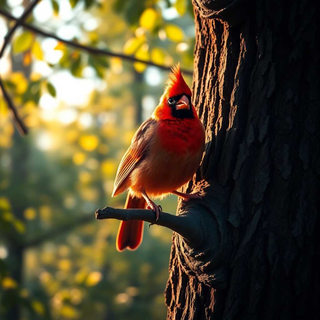 A regal, vibrant cardinal perched gracefully on a branch amidst a lush, sun-dappled deciduous tree. The intricate patterns of the bird's feathers glisten under the warm glow of the golden hour, casting delicate shadows on the textured bark. With a soft, blurred background of a serene forest and delicate beams of sunlight filtering through the leaves, the scene evokes a tranquil and ethereal atmosphere. The composition is captured from a slightly elevated angle, focusing on the bird’s lively eyes and the fine detail of its plumage, reminiscent of a classic nature photograph.