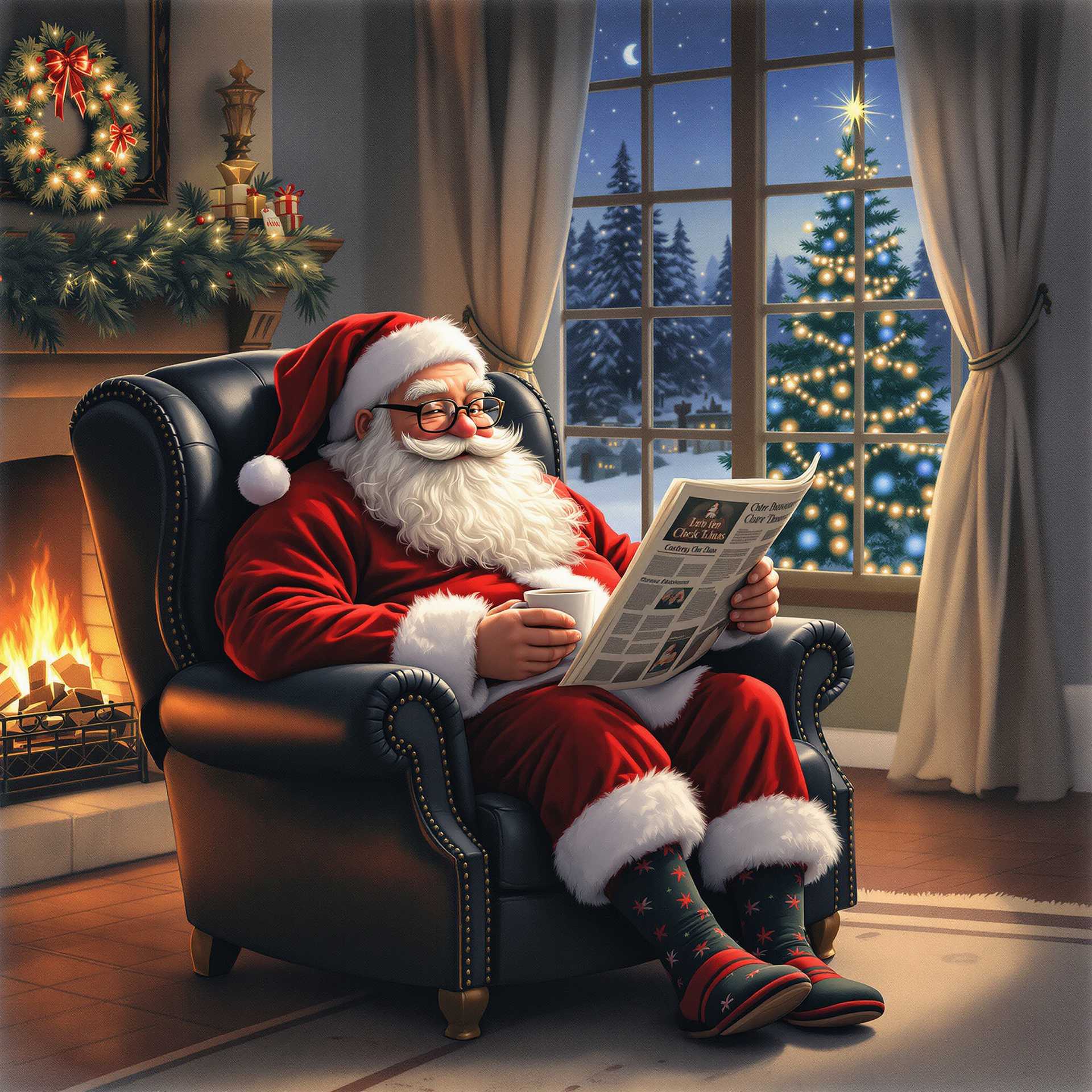 Whimsical Watercolor Ultra Realistic, HD3-HD, Airbrushed, Full Length, little chubby, real life like Santa Clause sitting in a country living room in a black leather chair, curtains tied back Christmas scape in a distance, wearing glasses, pajamas slippers, fireplace, mantel, and Christmas socks, he's relaxing sipping on a hot cup of Cocoa reading the newspaper, Christmas tree with lights in the corner, Christmas night sky, Warm BG.