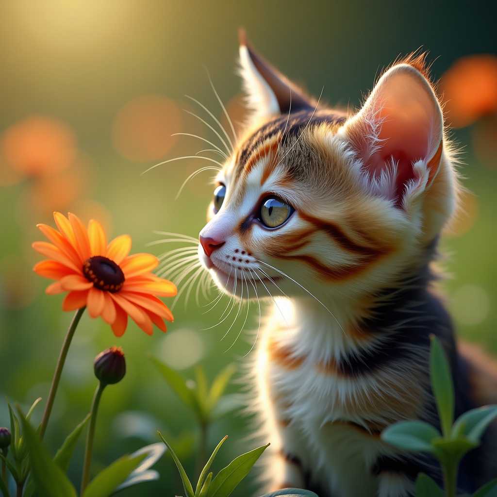 close-up van een calico kitten die kijkt naar kleurrijke bloemen in de tuin, expressieve ogen, gedetailleerde vacht, een vlinder vliegt rond, olieverf.
