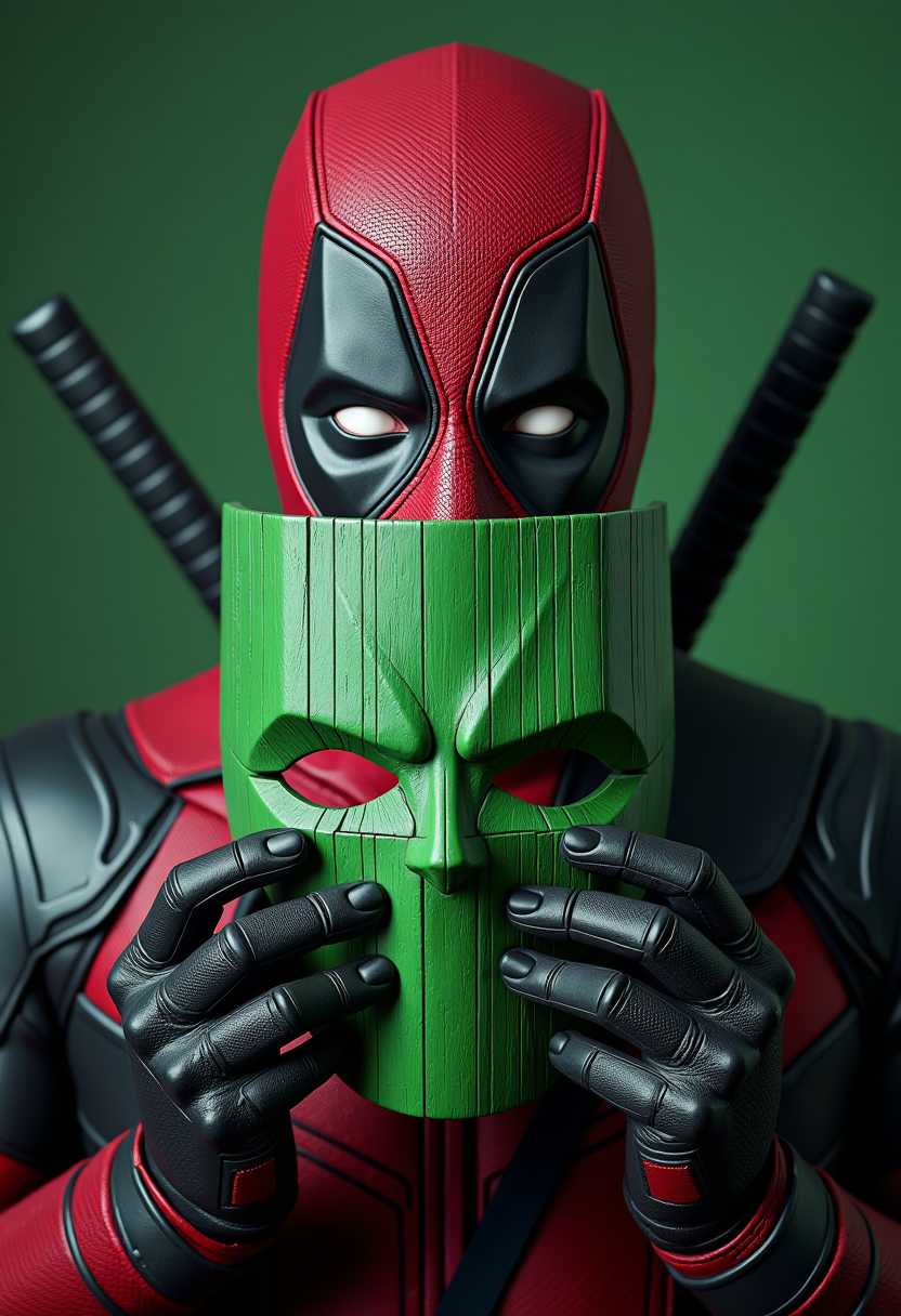 Create a realistic photograph Deadpool holding a green mask in front of him, with a green wooden texture, looking at the camera, style from the movie "The Mask" 8k