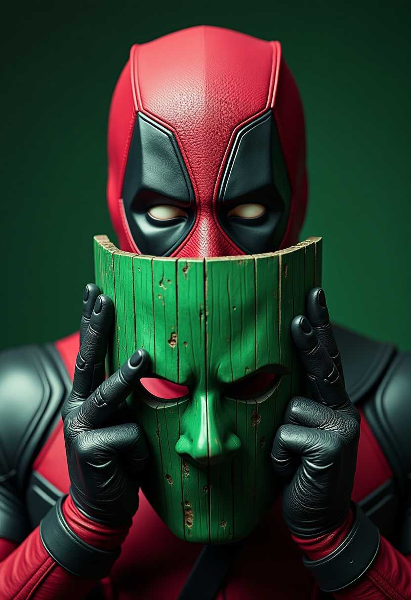 Create a realistic photograph Deadpool holding a green mask in front of him, with a green wooden texture, looking at the camera, style from the movie "The Mask" 8k