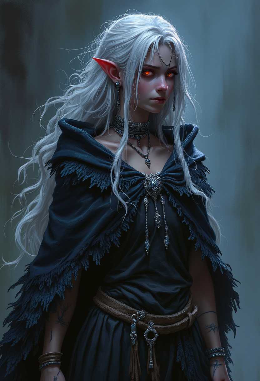 Xylara stands at about 5'8" with a slender yet athletic build, typical of the Drow. Her hair is a wild tangle of silver locks that falls down her back like a waterfall, with strands framing her face like a curtain. Her eyes gleam like polished sapphires, shining with an inner light that seems to pierce through the darkness. Her skin is very dark, a testament to her Drow heritage.•	Dress and Accessories: Xylara wears a tattered, black velvet cloak with a hood, clasped at the back of her neck with a delicate, silver clasp. The cloak is adorned with tiny, shimmering silver threads that catch the faint, flickering glow of the torch. Around her neck, she wears a delicate, gemstone-encrusted choker with a small, ornate key. The key is attached to a worn, leather cord, symbolizing her status as a princess of the Underdeep. The choker is said to have been passed down through generations of Drow royalty women, and is rumored to grant her immense magical power.