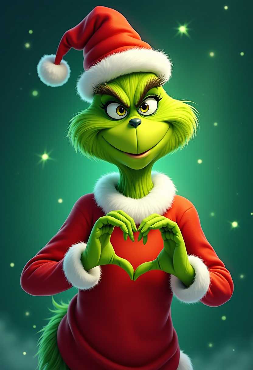 Cartoon full body image. Grinch He is wearing a santa suit and hat. he has a sly smile. he is holding his hands out in front of him, his fingers are making a heart shape. light green sparkles around him