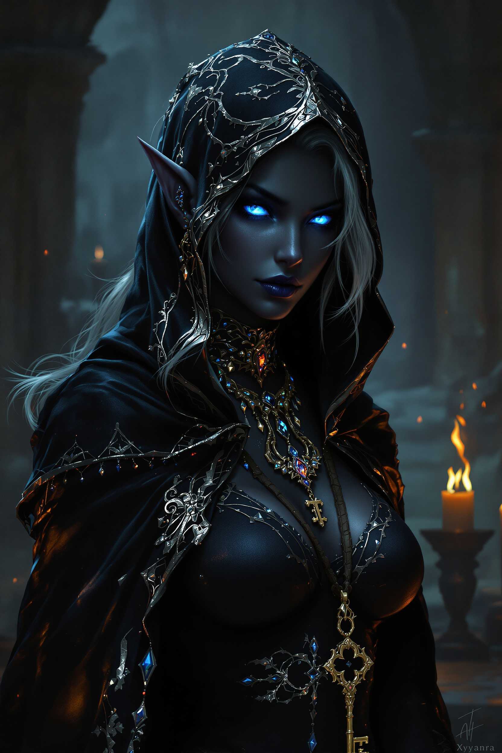 **Artwork Title**: "Xylara, Princess of the Underdeep"

**Visual Description**: Capture Xylara, a striking Drow princess, standing poised and confident. She is approximately 5'8" with an athletic yet slender frame. Xylara's midnight black skin contrasts beautifully with her lustrous silver hair, cascading down her back and delicately framing her face. Her sapphire-like eyes glow with an otherworldly luminescence, hinting at the mysteries she beholds. Her pointed elf ears are symbolic of her noble lineage.

**Dress and Accessories**: She is draped in a tattered yet elegant black velvet cloak, hooded yet revealing the enigmatic glow of her eyes. The cloak is beautifully accented with intricate silvery threads, reflecting the soft, flickering light of nearby torch flames. Around her neck rests a gemstone-encrusted choker, exquisite and imbued with a sense of ancient magic. Dangling from it is an ornate key on a worn leather cord, a mark of her royal status among the Drow—and possibly the source of great power.

**Artistic Style**: Aim for a blend of dark fantasy realism and Baroque influence, highlighting ornate details and dramatic lighting contrasts. 

**Composition**: Position X