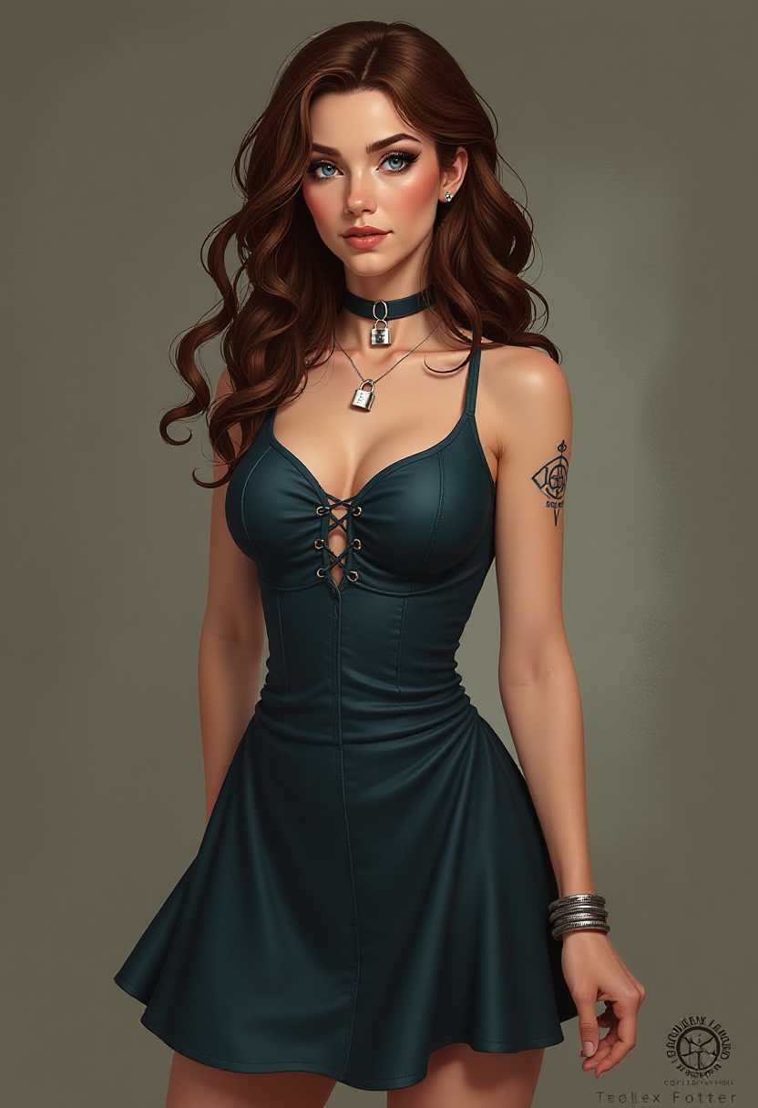 General Description: Kay is 5'2" with a petite build and long, curly brown hair. Her eyes are a bright blue, and she has a small tattoo of a snake coiled around her right wrist.
    Dress and Accessories: Kay dresses in a way that shows her submissive nature. She favors flowing skirts and dresses, often with a subtle collar or choker. She also wears a silver necklace with a small lock and key pendant, symbolizing her desire to be "locked" into a relationship with a dominant.
