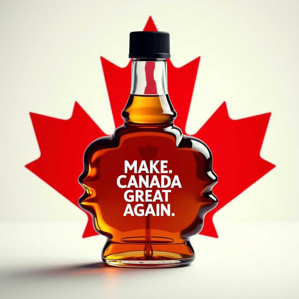 This image features a maple syrup bottle with a unique design that mimics the shape of a maple leaf. The bottle is filled with ambercolored maple syrup and has a black cap on top. The syrup bottle is prominently displayed in the foreground, with a shadow cast beneath it, indicating a light source coming from above.Behind the syrup bottle, there is a large, stylized red maple leaf, which is the national emblem of Canada. The leaf is outlined in white, and the red color is a bright, vivid shade that stands out against the neutral background. The maple leaf is positioned in the background, slightly behind the syrup bottle, and it is angled to the right, creating a sense of depth in the composition.The background of the image is a simple, neutral color that doesnt distract from the main subjects. Its a light, almost white color that fades into a soft gray at the edges, giving the image a clean and professional look.The overall art style of the image is simple and modern, with a focus on bold colors and clear lines. The medium appears to be a digital photograph, given the sharpness and clarity of the image. The text on the syrup bottle reads MAKE CANADA GREAT AGAIN, which is a play on a wellknown political slogan. The message seems to be a humorous take on national pride and the promotion of Canadian products, as maple syrup is a wellknown Canadian export.